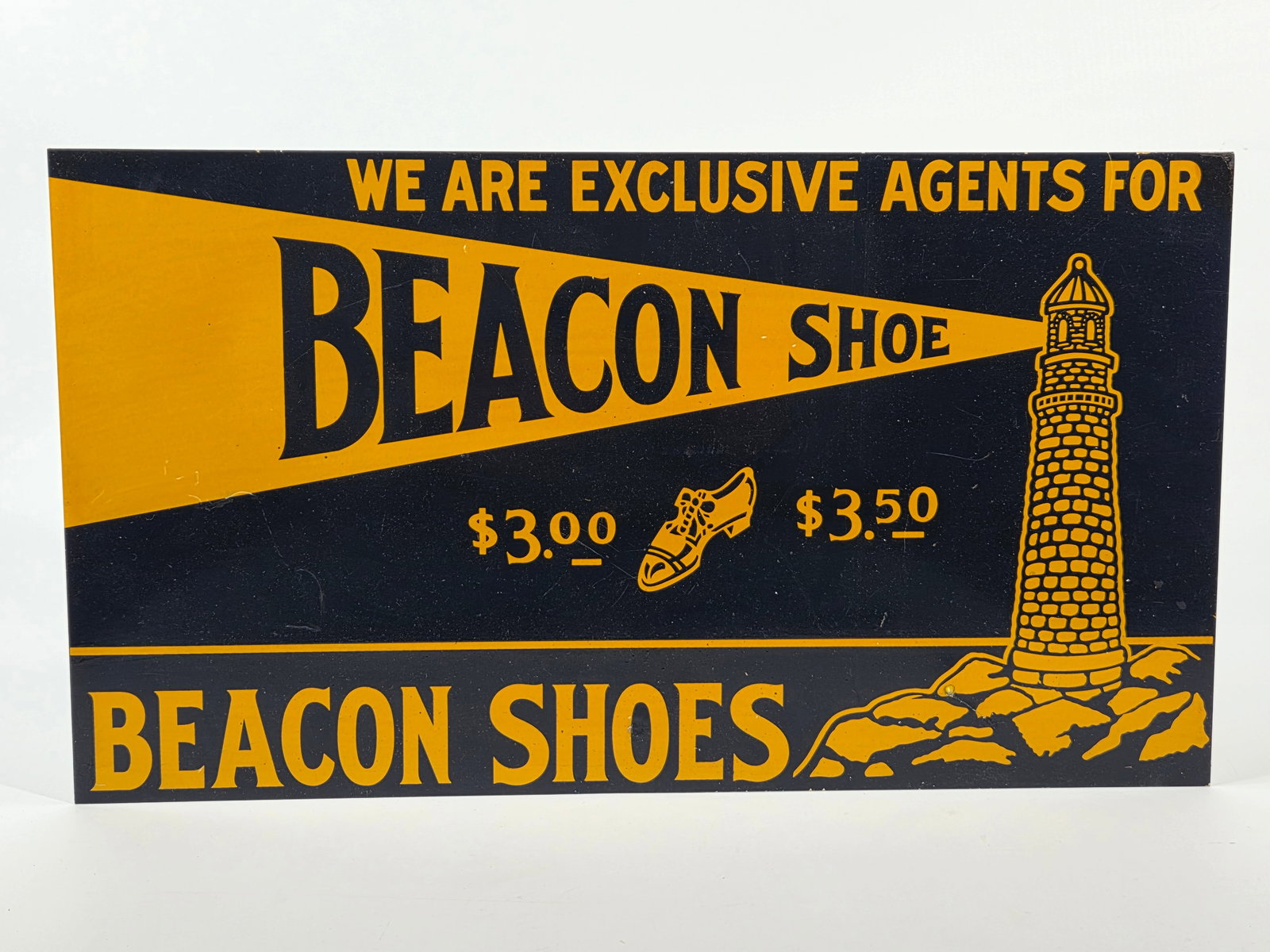 OLD STOCK BEACON SHOWS ADVERTISING TIN SIGN: REMAINS IN EXCELLENT OLD STORE STOCK CONDITION.