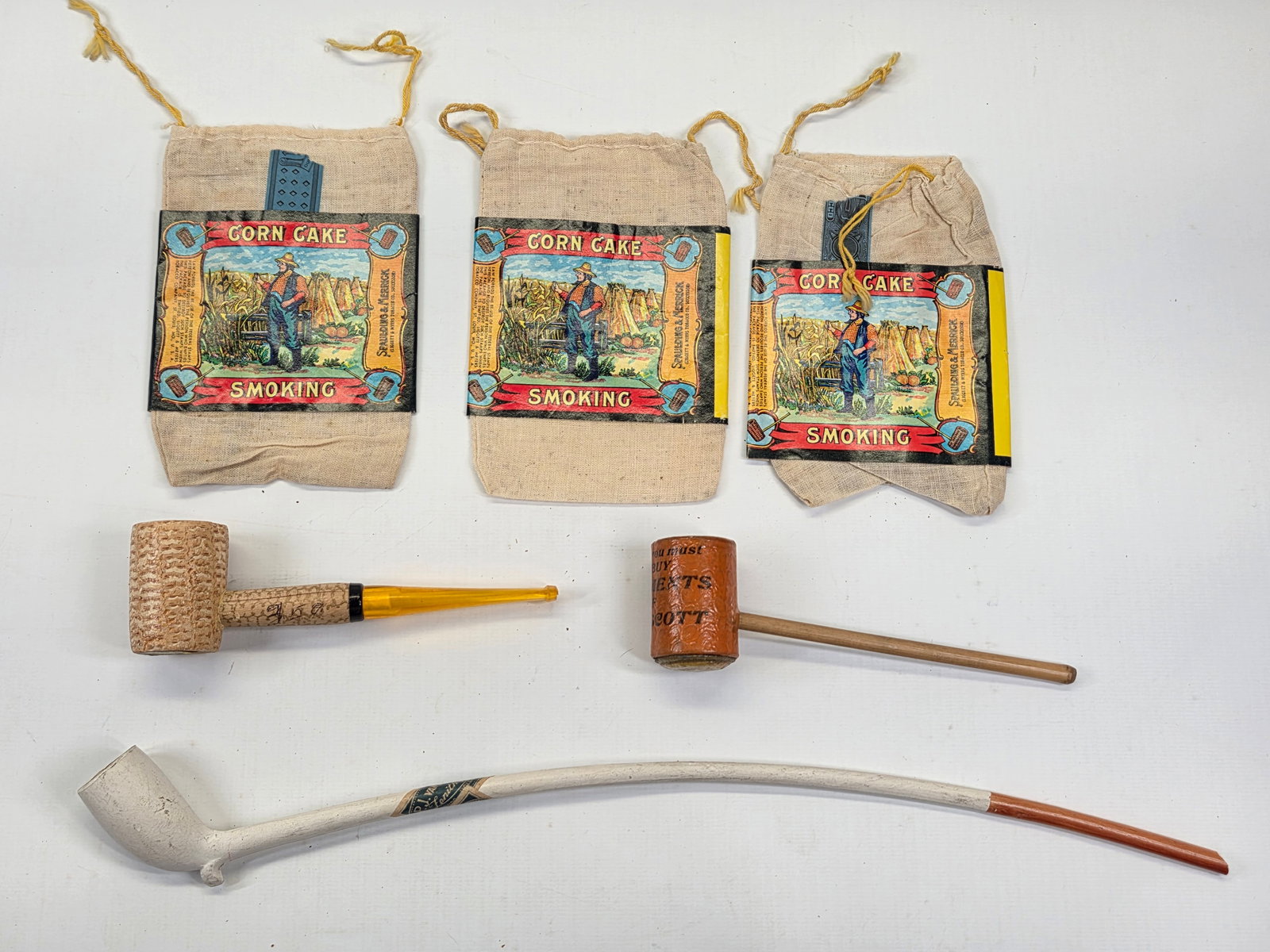 CLAY PIPE & 2) CORN COB PIPES + 3) BAGS CORN CAKE TOBACCO BAGS (1 of 10)