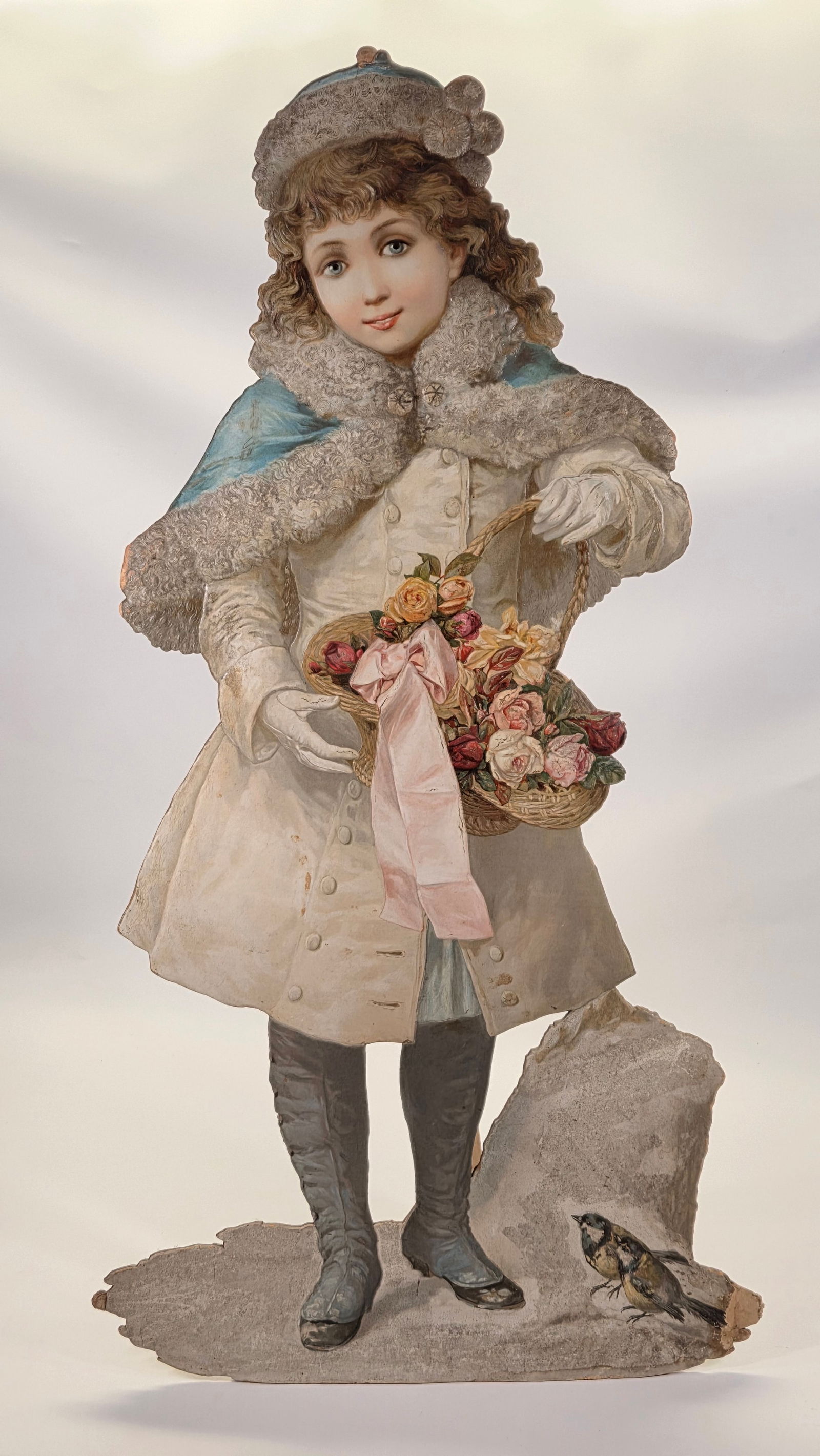 ANTIQUE VICTORIAN ERA EMBOSSED DIE CUT: REMAINS IN GOOD CONDITION, SHOWING SOME WEAR ALONG BOTTOM EDGE. ORIGINAL EASEL.