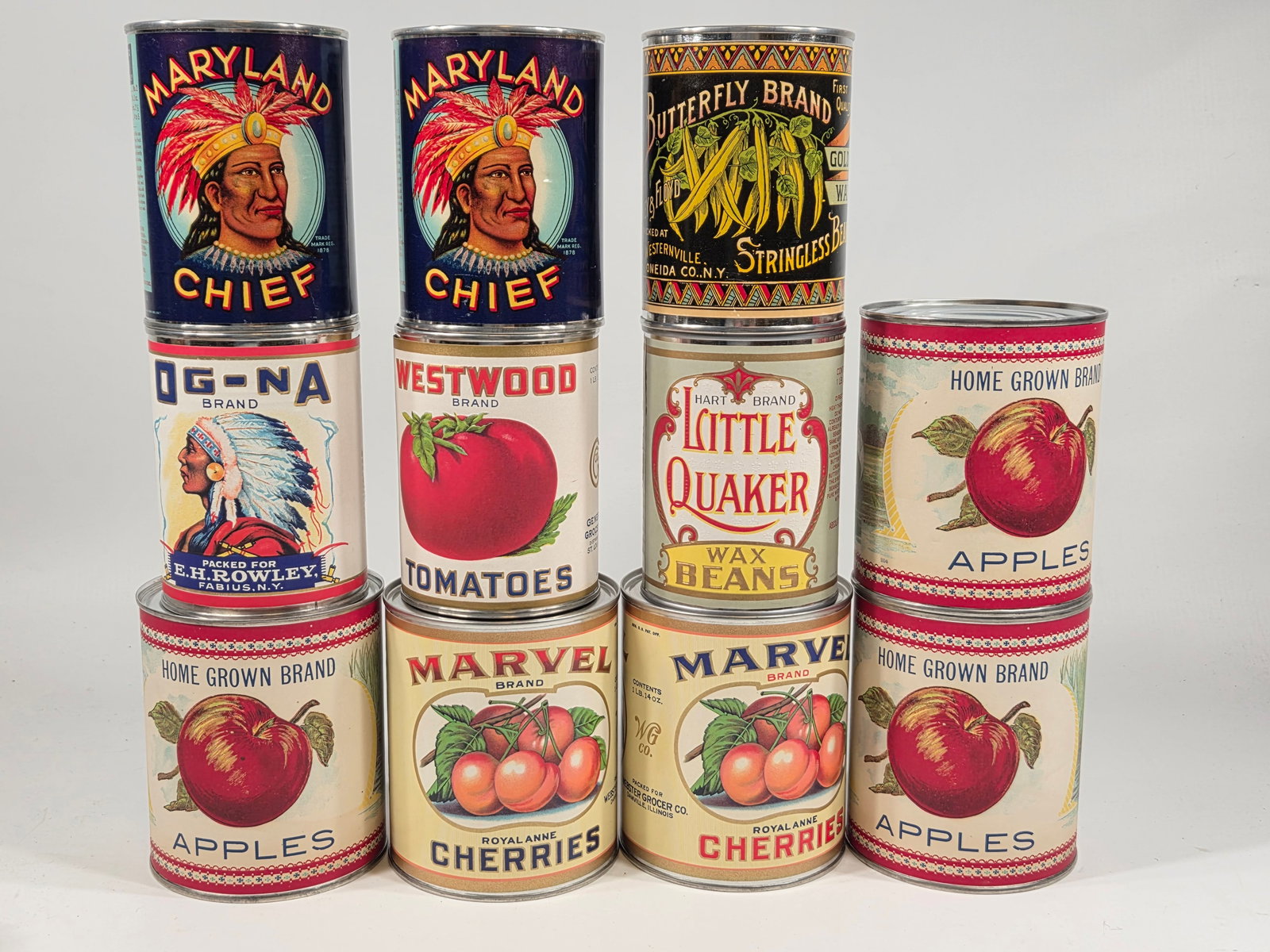 ASSORTMENT OF REPRODUCTION TINS W/ LABELS: ALL REPRODUCTIONS REPRODUCTIONS REMAIN IN VERY GOOD CONDITION.
