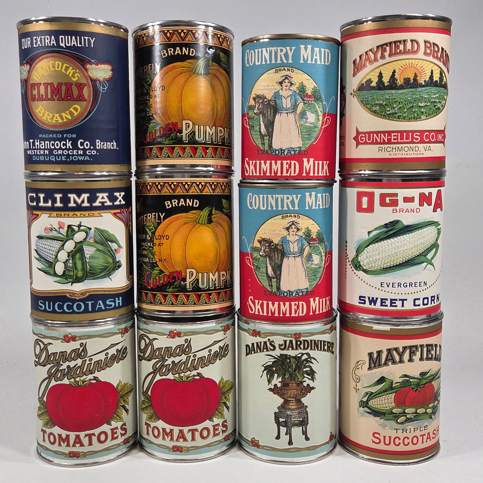 ASSORTMENT OF REPRODUCTION TINS W/ LABELS: ALL REPRODUCTIONS REPRODUCTIONS REMAIN IN VERY GOOD CONDITION.