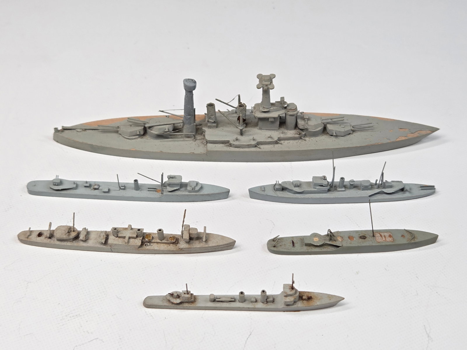 6) VINTAGE WOOD PAINTED SHIP ID MODELS: ALL REMAIN IN GOOD CONDITION, SHOWING SOME TYPICAL WEAR.