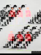 SET OF 6 BRITAINS COLDSTREAM GUARDS: ALL REMAIN IN GOOD CONDITION, SHOWING SOME TYPICAL PAINT WEAR. 2 WITH BROKEN RIFLE TIPS.