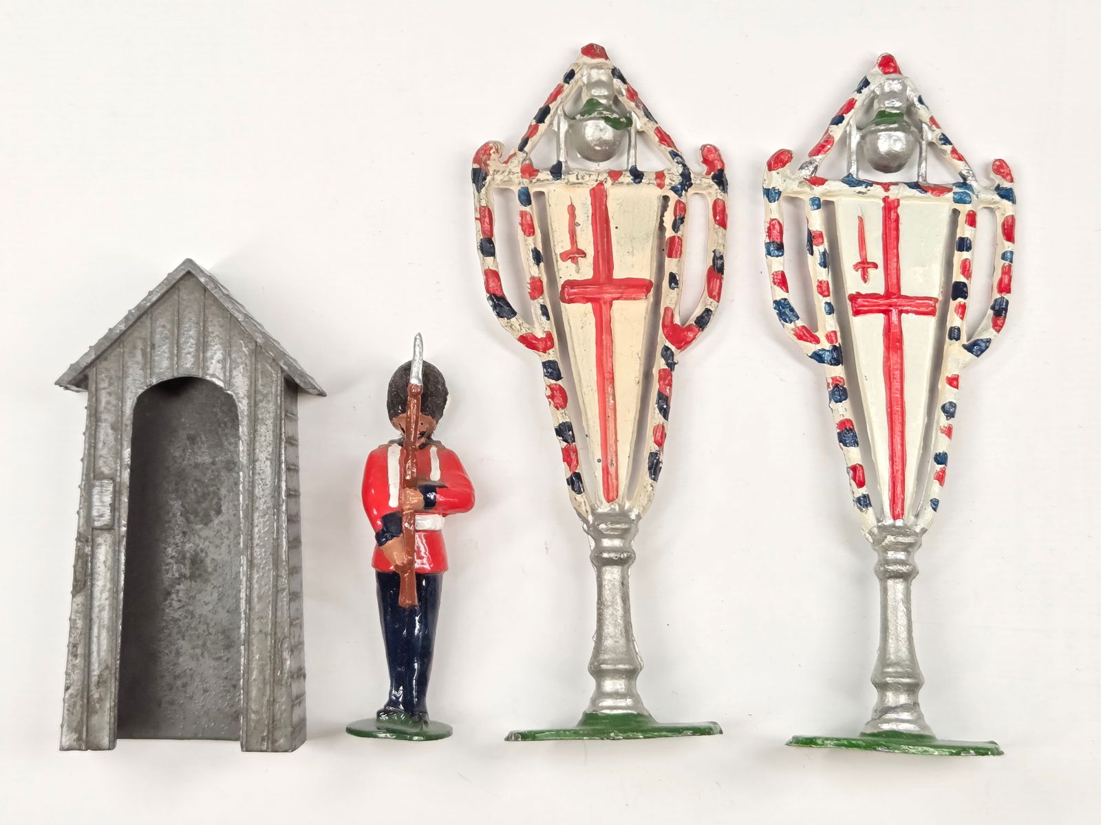 VINTAGE BRITAIN GUARD, TOWER & COLOUR BANNERS: ALL REMAIN IN GOOD CONDITION, SHOWING SOME TYPICAL PAINT WEAR.