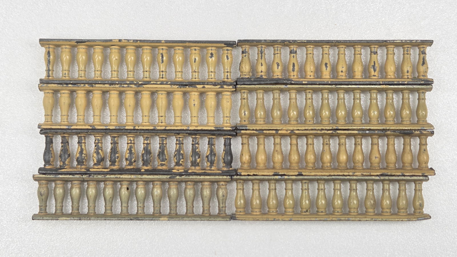 8) ANTIQUE LEAD RAILING BANNISTERS: ALL REMAIN IN FAIR TO GOOD CONDITION, SHOWING SOME TYPICAL PAINT WEAR.