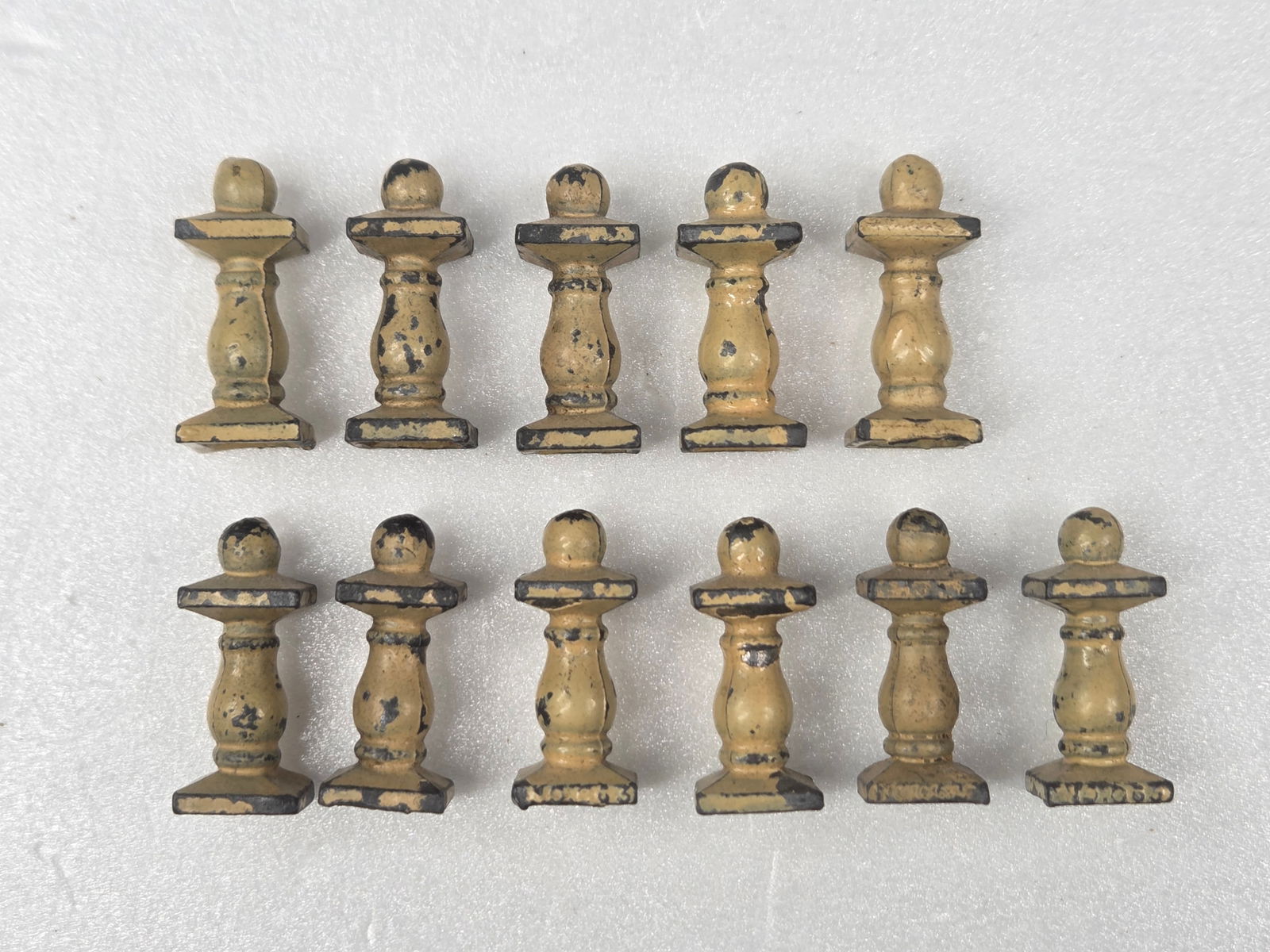 11) ANTIQUE LEAD RAILING BANNISTER POSTS: ALL REMAIN IN FAIR TO GOOD CONDITION, SHOWING SOME TYPICAL WEAR.