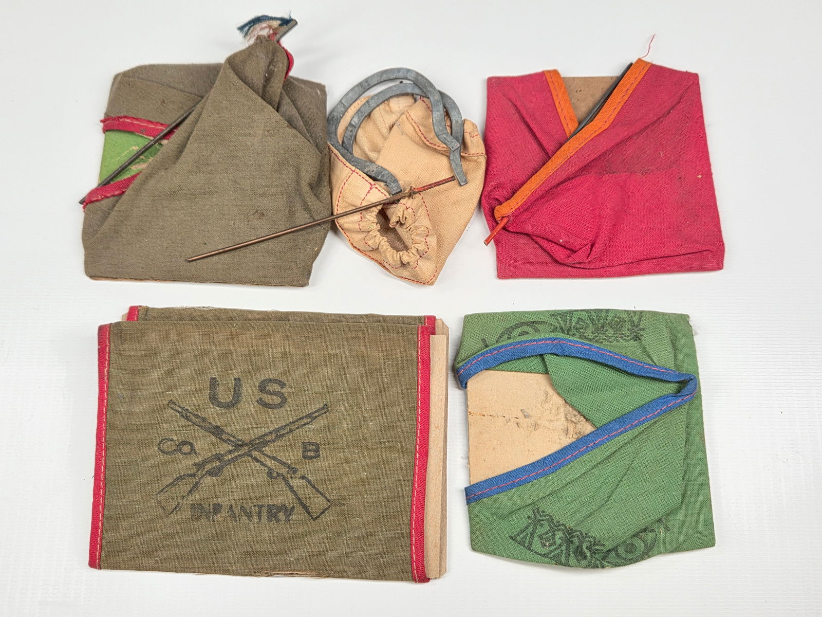 5) VINTAGE CANVAS TENTS FOR LEAD SOLDIERS: ALL REMAIN IN GOOD CONDITION, SHOWING SOME TYPICAL WEAR. SOME STAINING.