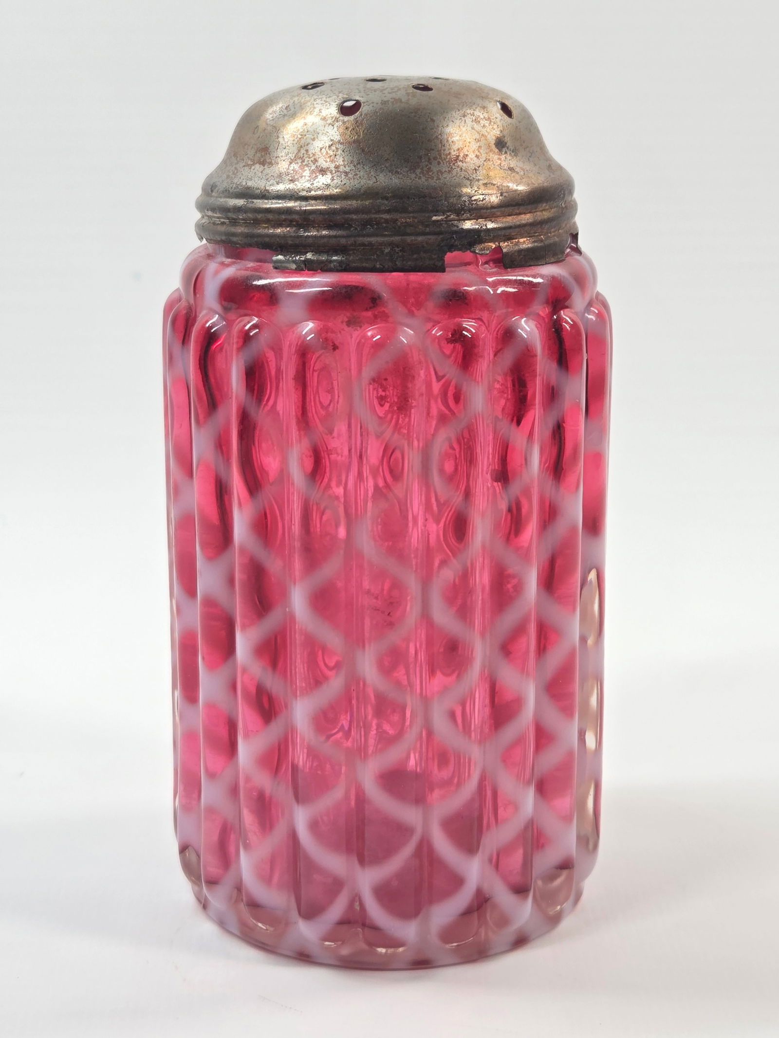 CRANBERRY OPALESCENT LATTICE RIBBED SUGAR SHAKER (1 of 5)