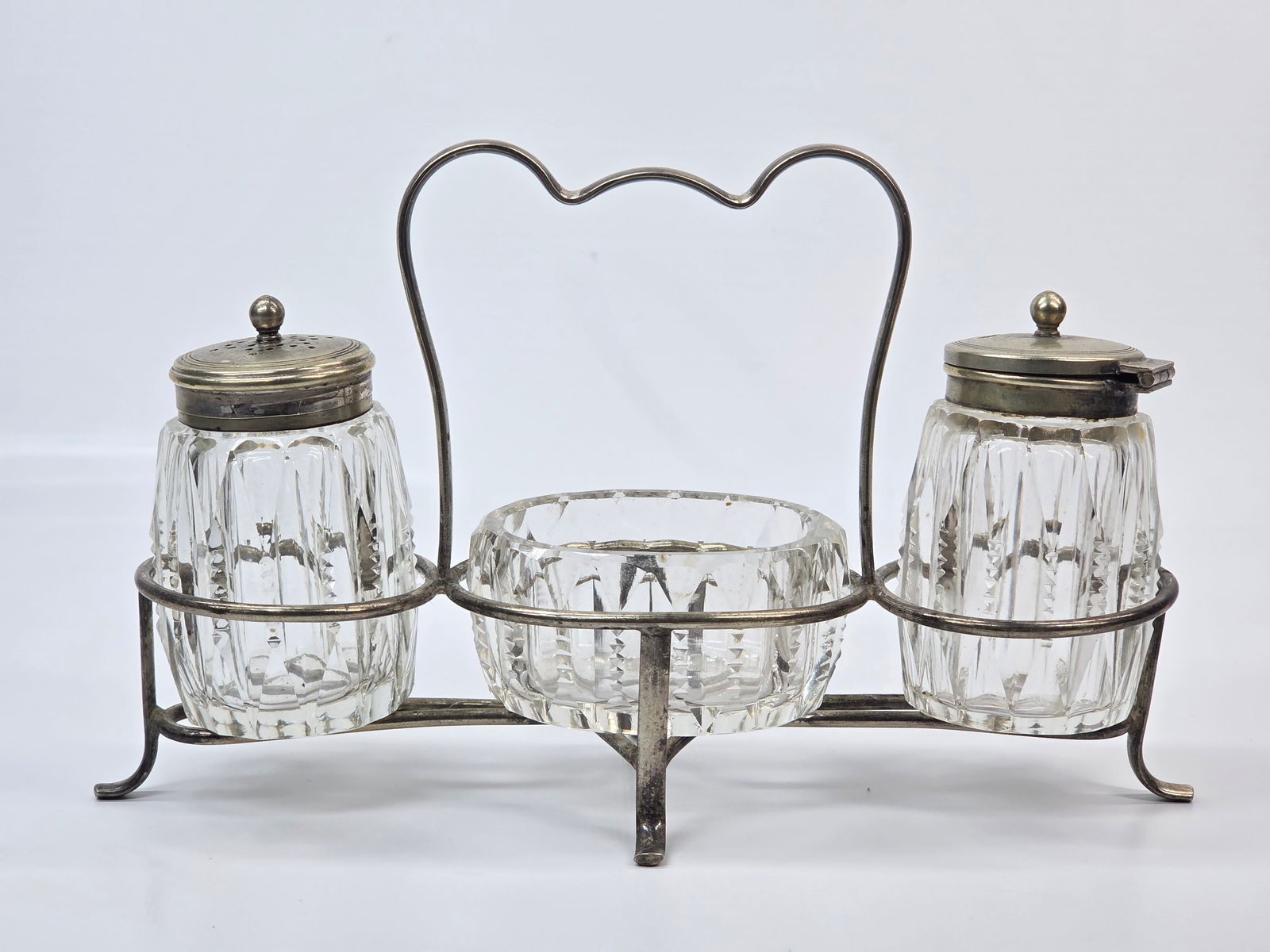CUT GLASS SALT & PEPPER CONDIMENT SET IN SP CASTOR (1 of 4)
