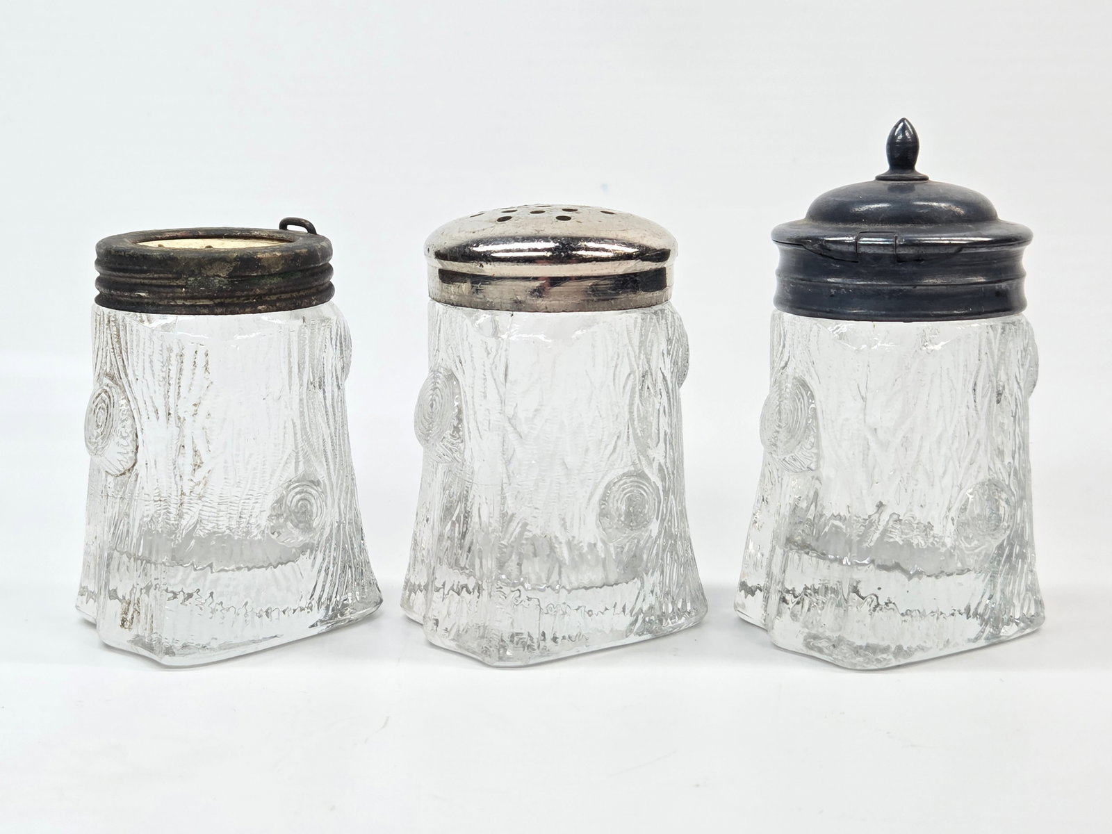 ANTIQUE VICTORIAN TREE TRUNK GLASS SHAKERS / JARS: ALL REMAIN IN GOOD CONDITION, SHOWING SOME TYPICAL WEAR. ONE PIECE MISSING PART OF ITS LID.