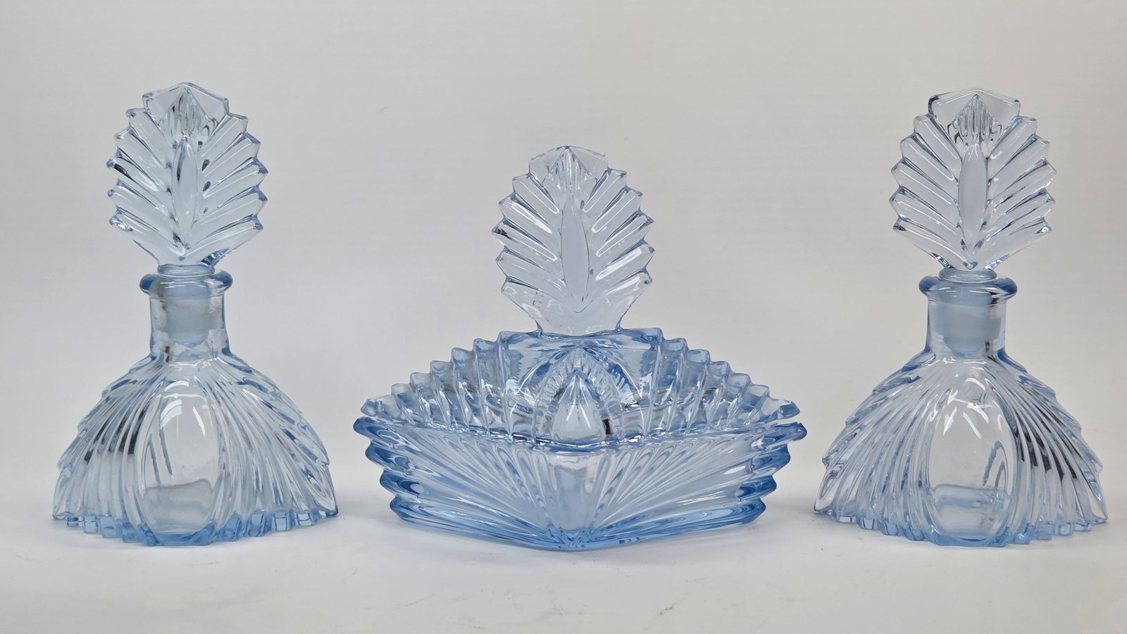 ART DECO MARTINSVILLE LT BLUE DRESSER VANITY SET: SET REMAINS IN VERY GOOD CONDITION, NO CHIPS OR CRACKS.