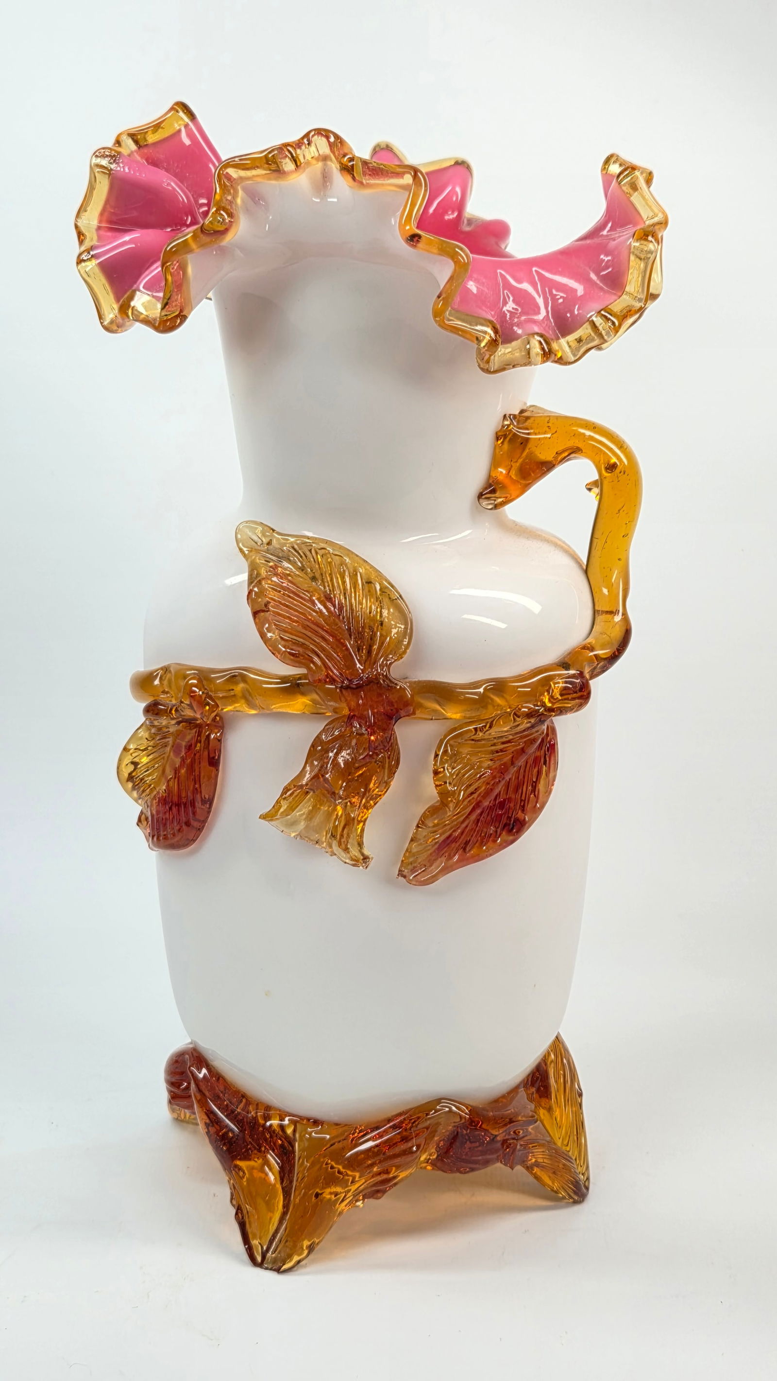 STEVENS & WILLIAMS VICTORIAN ART GLASS VASE W/ APPLIED FLOWERS & FEET (1 of 6)