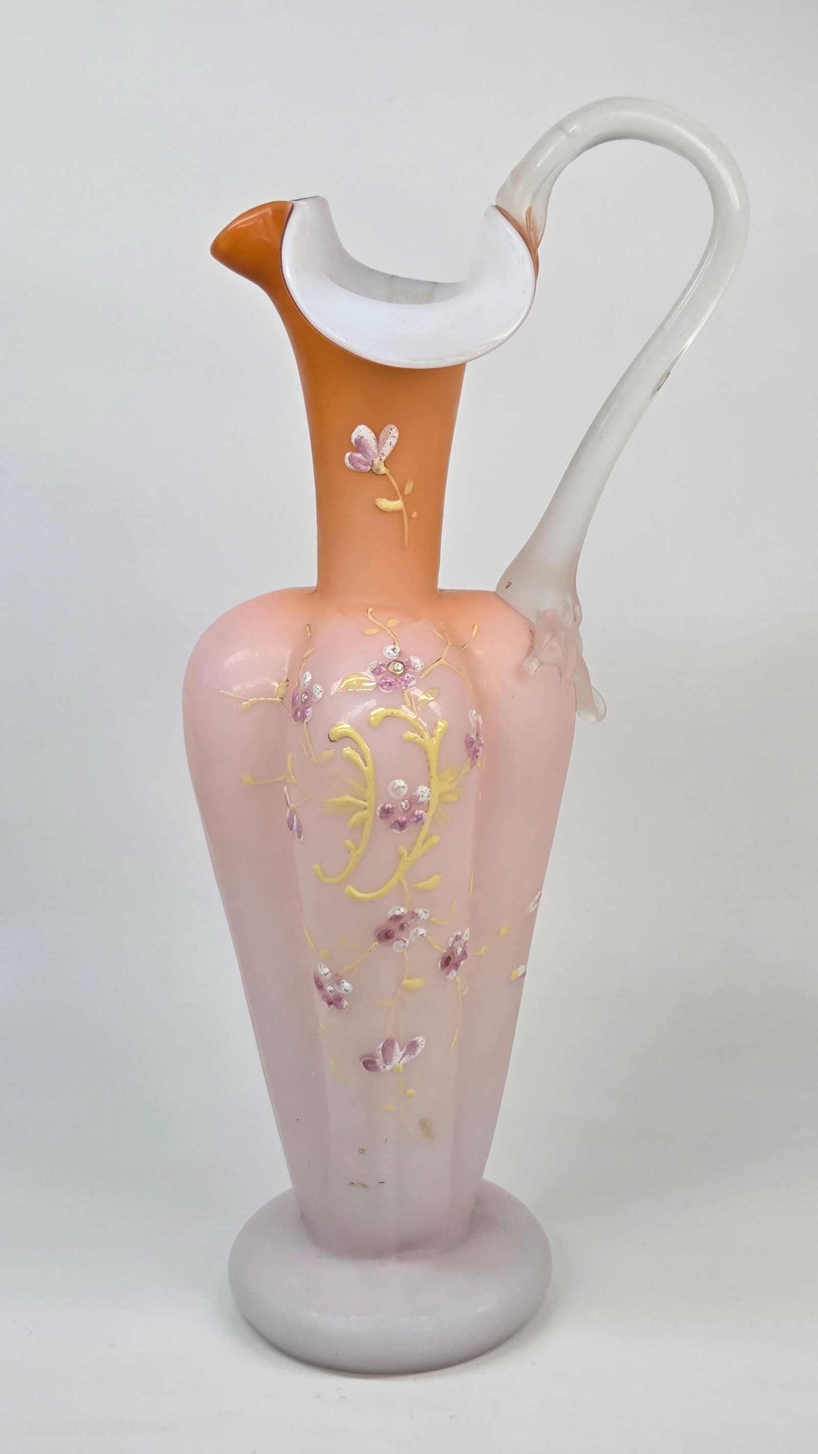 THOMAS WEBB VICTORIAN CASED GLASS HAND PAINTED EWER VASE: REMAINS IN GOOD CONDITION, SHOWING SOME TYPICAL WEAR. NO CHIPS OR CRACKS.