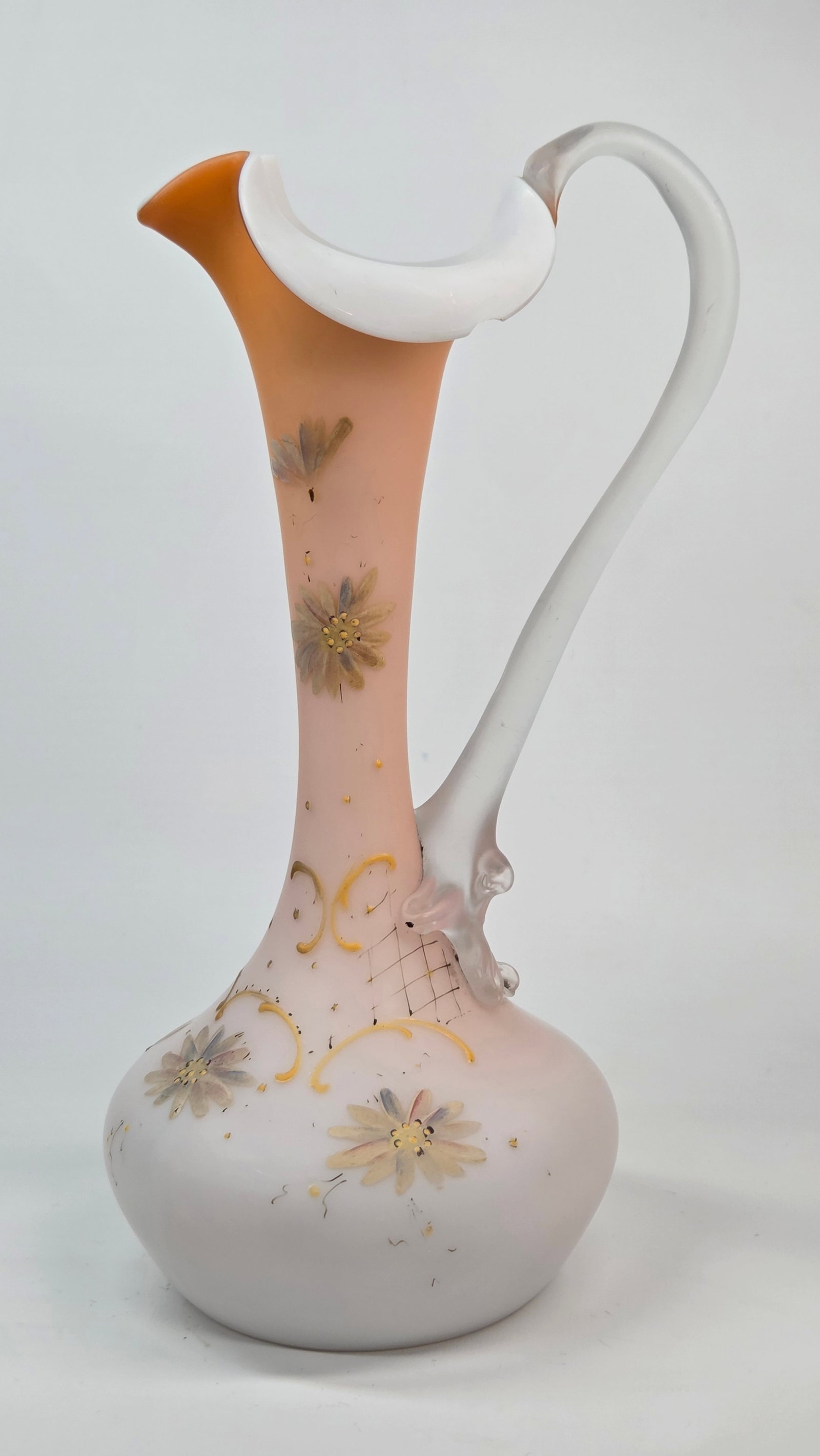 PEACH BLOW VICTORIAN SATIN GLASS HAND PAINTED EWER: REMAINS IN GOOD CONDITION, SHOWING SOME TYPICAL WEAR. SMALL CHIP AS SHOWN ALONG TOP EDGE.