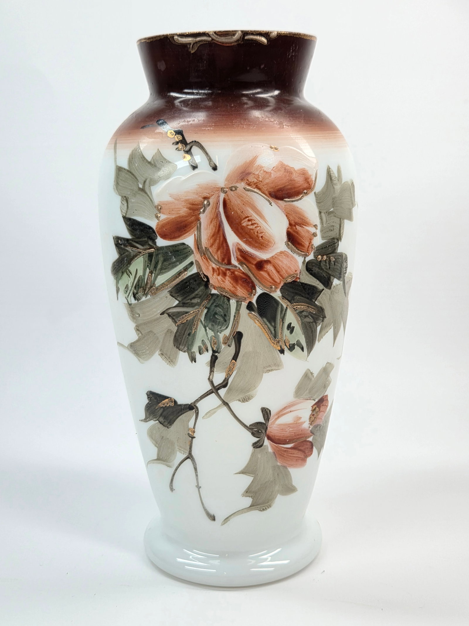 ANTIQUE HAND PAINTED FLOWER VICTORIAN GLASS VASE (1 of 5)