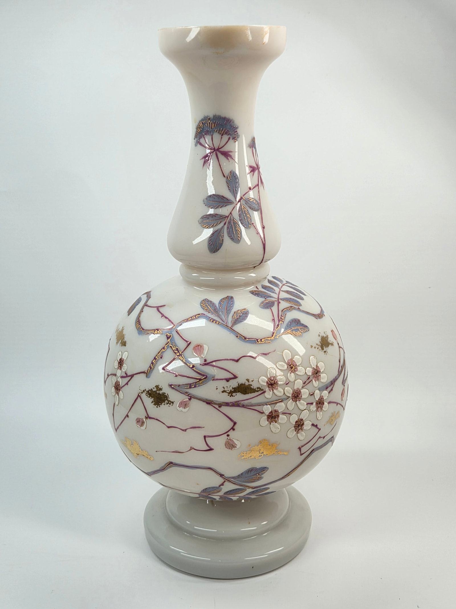 ANTIQUE HAND BLOWN VICTORIAN OPALINE GLASS VASE HAND PAINTED: REMAINS IN GOOD CONDITION, SHOWING SOME TYPICAL PAINT WEAR. NO CHIPS OR CRACKS.