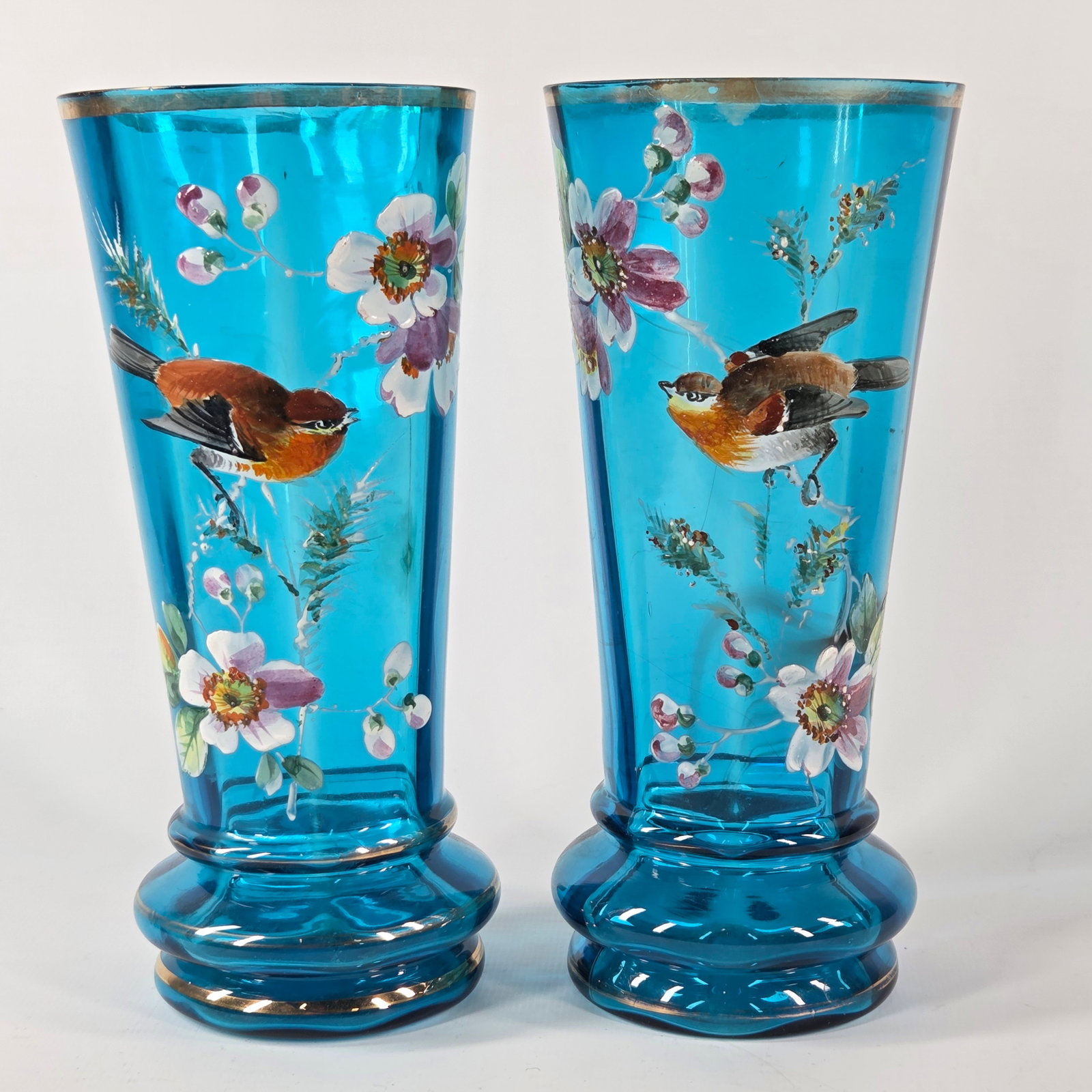 1890'S VICTORIAN HAND PAINTED BLUE GLASS VASES (1 of 5)