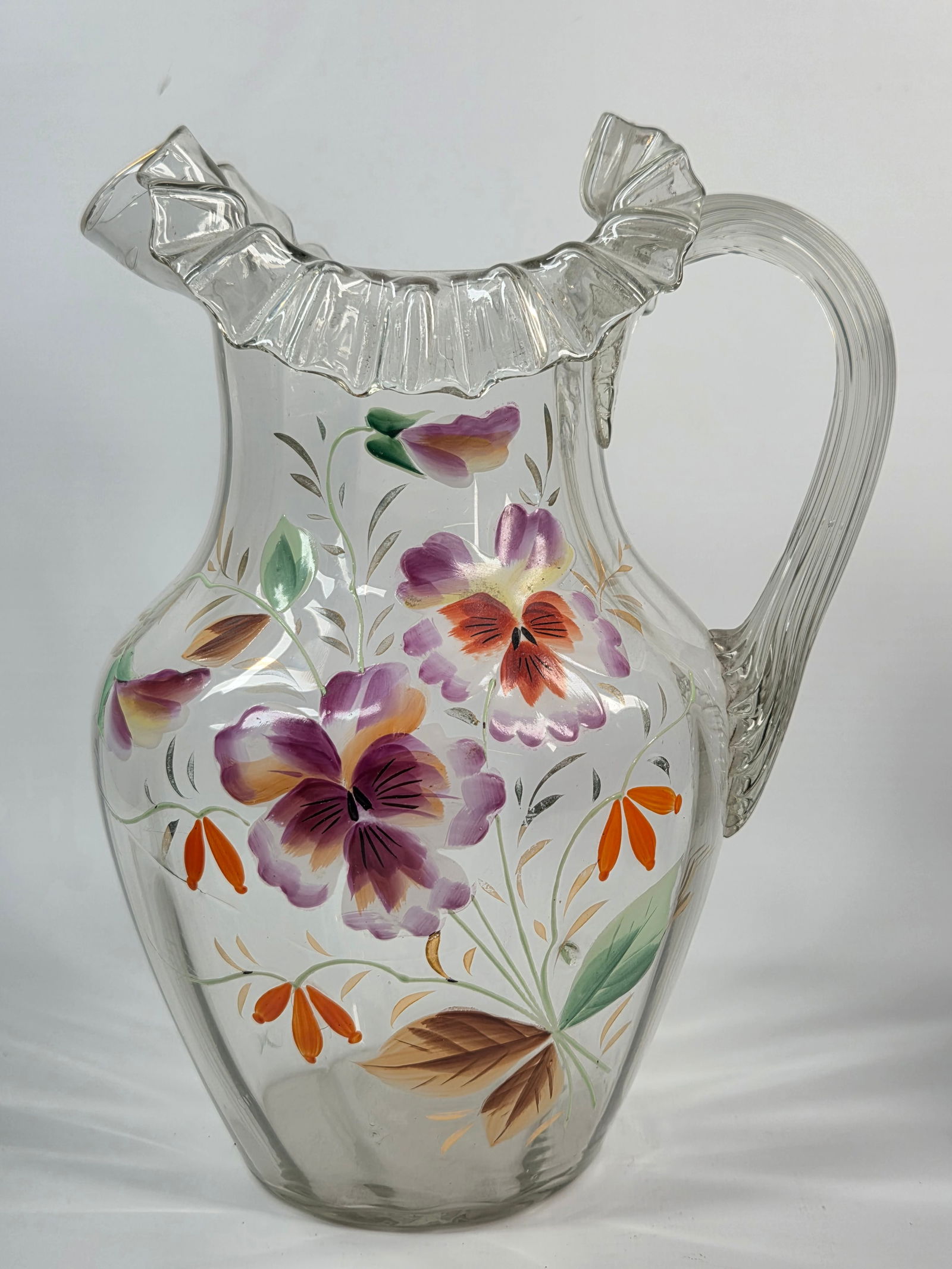 HAND PAINTED VICTORIAN ART GLASS WATER PITCHER RUFFLED EDGE: REMAINS IN GOOD CONDITION, SHOWING SOME TYPICAL USAGE WEAR. NO CHIPS OR CRACKS.