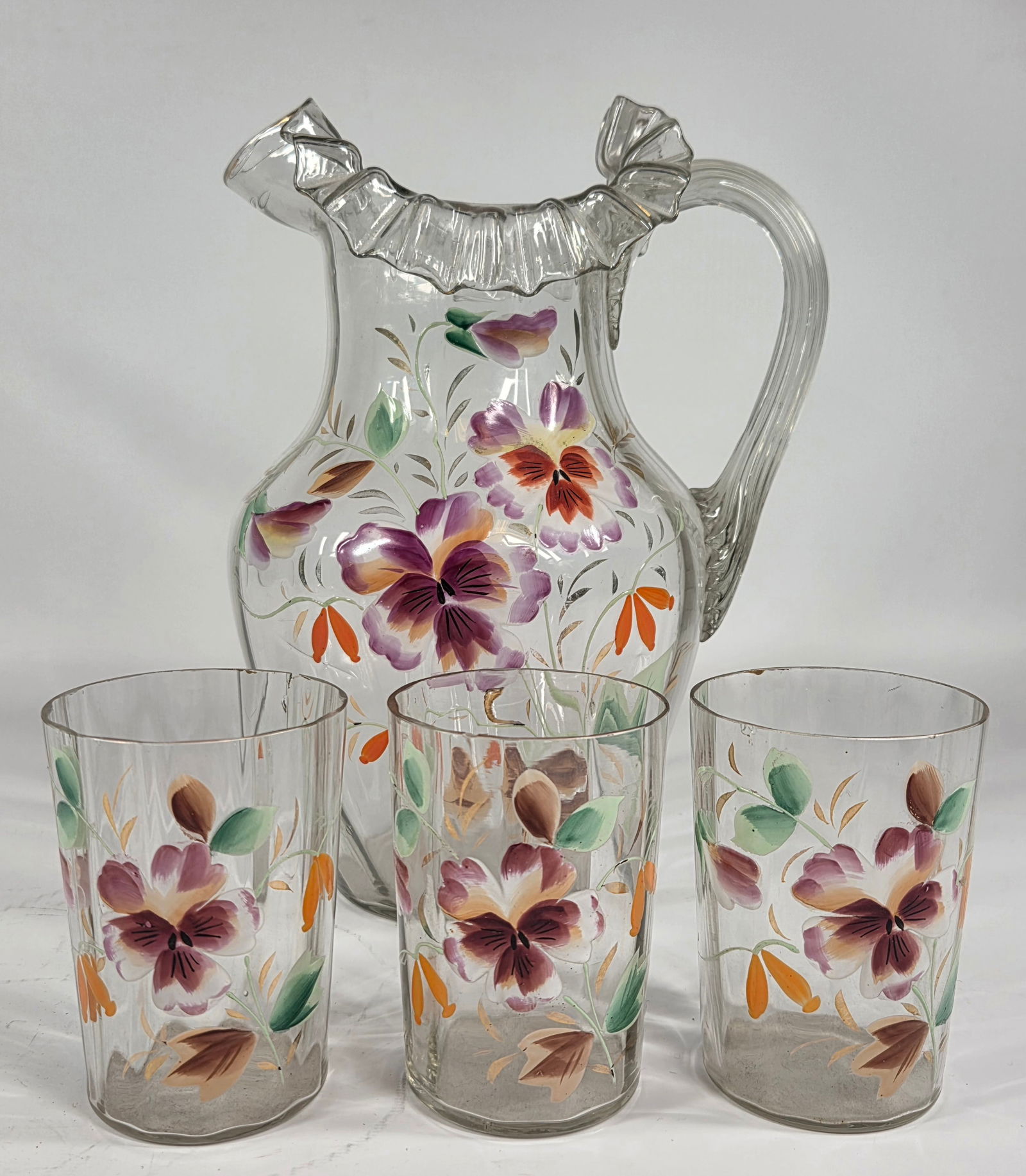 HAND PAINTED VICTORIAN ART GLASS WATER PITCHER RUFFLED EDGE & (3) TUMBLERS (1 of 6)