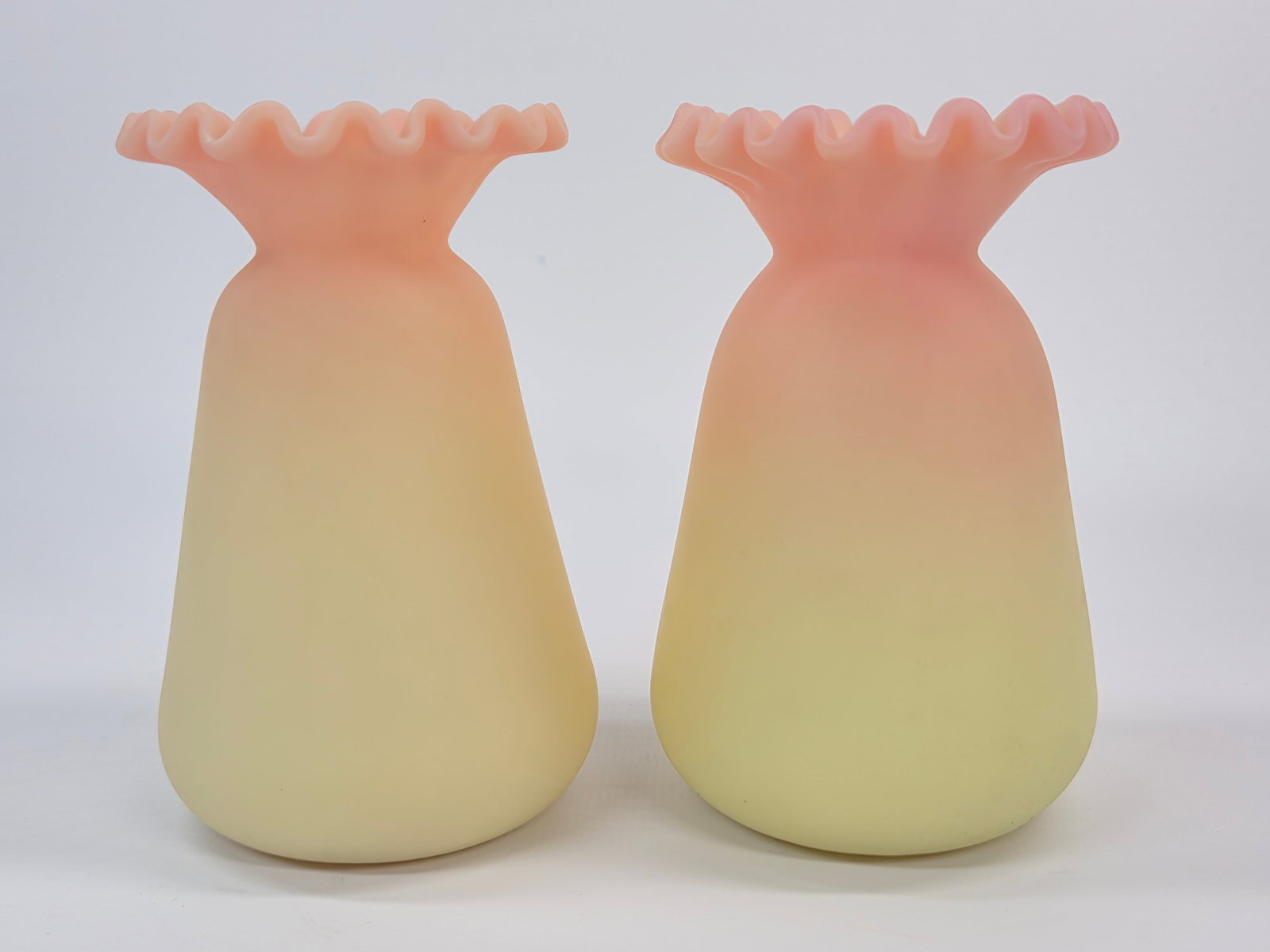 PAIR OF MT. WASHINGTON / THOMAS WEBB BURMESE ART GLASS VASES: BOTH REMAIN IN GOOD CONDITION, SHOWING SOME TYPICAL USAGE WEAR. NO CHIPS OR CRACKS.