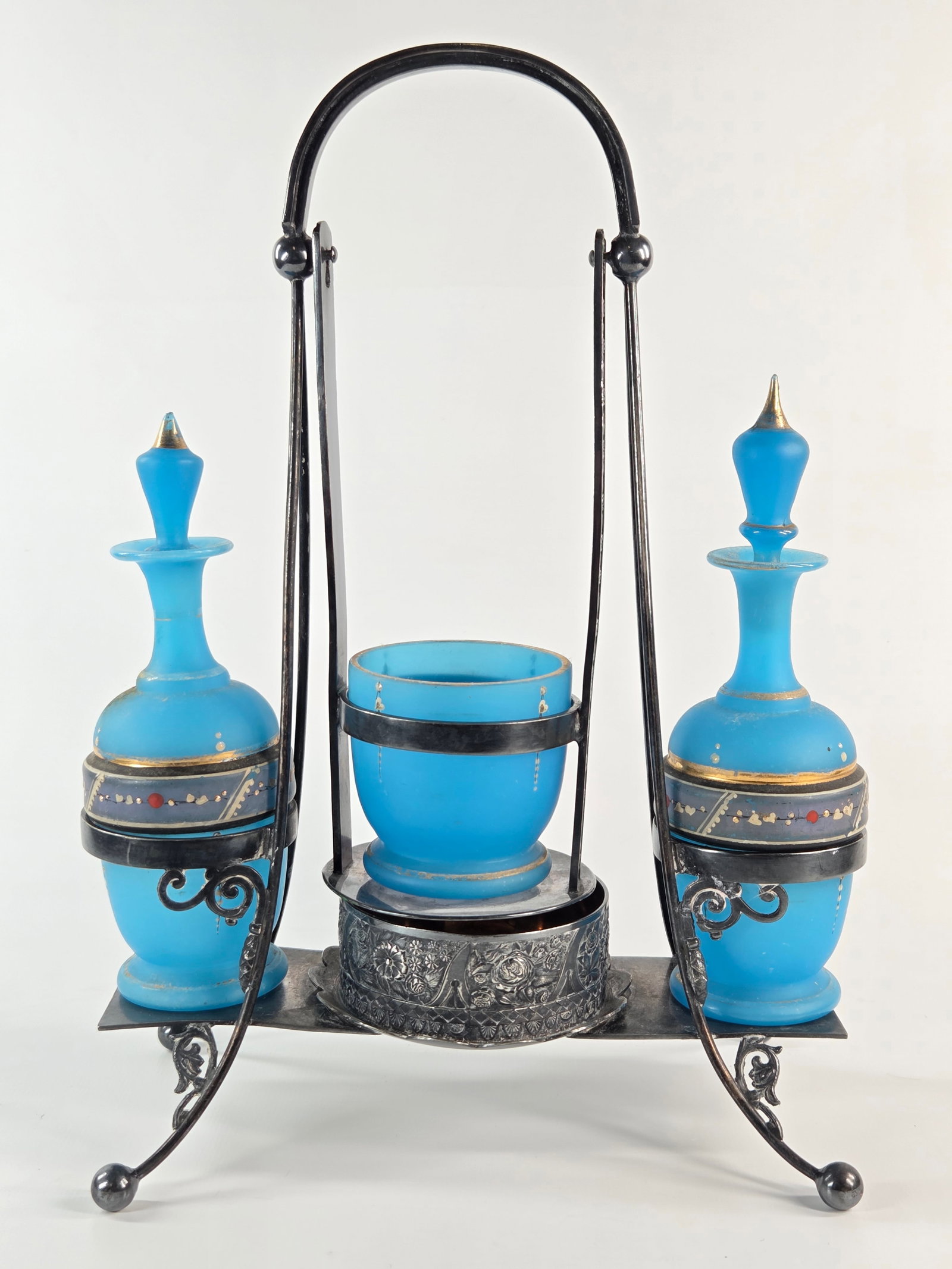 VICTORIAN ERA BLUE FROSTED CRUET SET IN WILCOX SP QUADRUPLE PLATE CASTER (1 of 6)