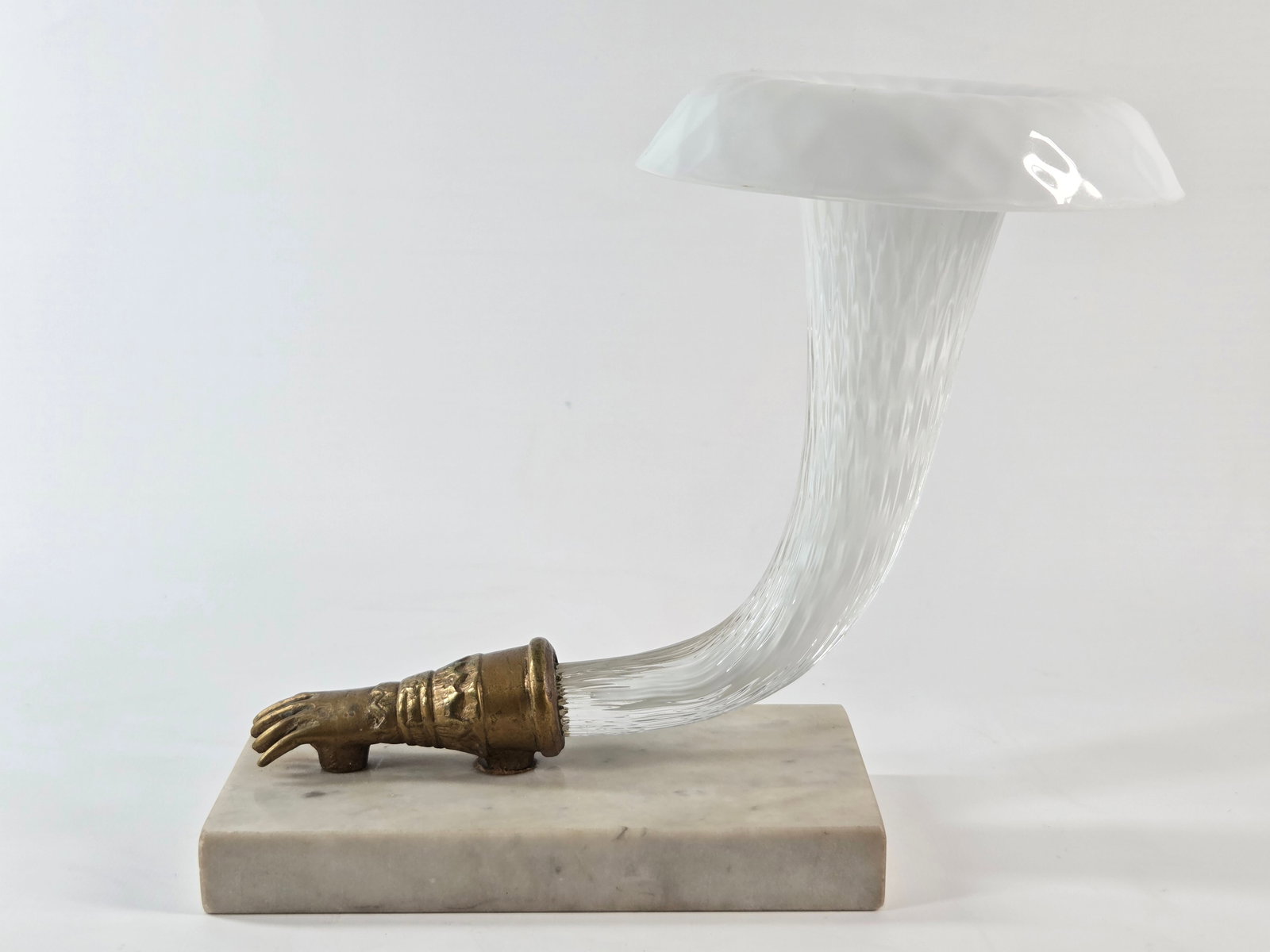 WHITE OPALESCENT DIAMOND QUILTED CASED EPERGNE HORN MOUNTED ON MARBLE BASE: REMAINS IN GOOD CONDITION, SHOWING SOME TYPICAL USAGE WEAR. BRASS HAND SHOWING WEAR, NEEDS CLEANED.