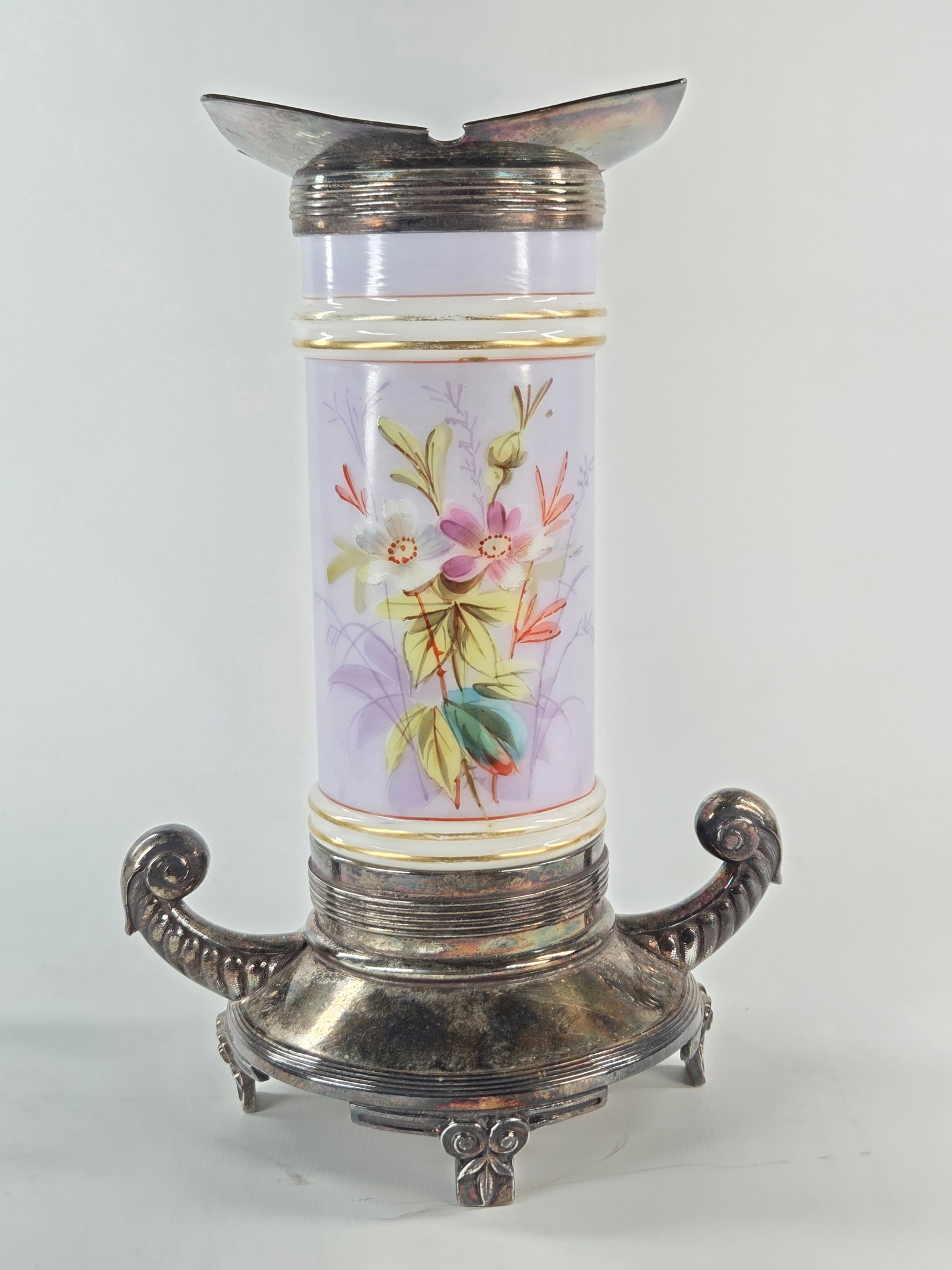 HAND PAINTED PORCELAIN VASE IN MERIDEN SP HOLDER: REMAINS IN VERY GOOD CONDITION, NO CHIPS OR CRACKS. HOLDER NEEDS POLISHED.