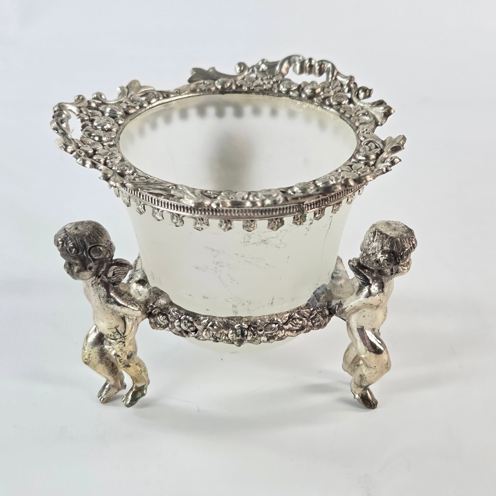 FROSTED GLASS VICTORIAN ERA CHERUB HOLDER MASTER SALT (1 of 4)