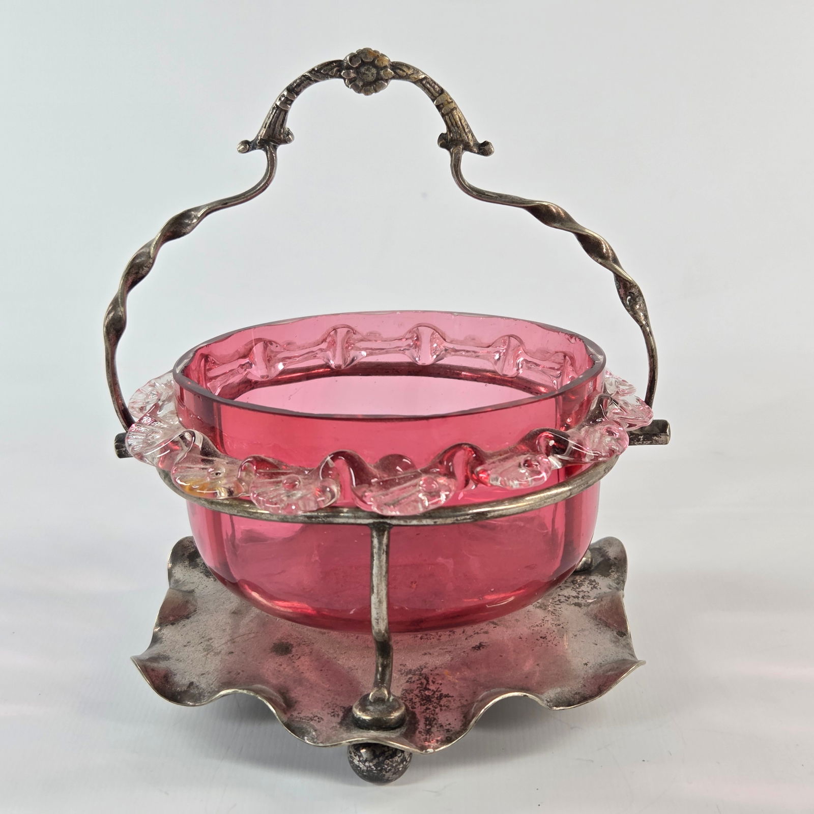 VICTORIAN CRANBERRY ART GLASS MASTER SALT IN SP HOLDER (1 of 5)