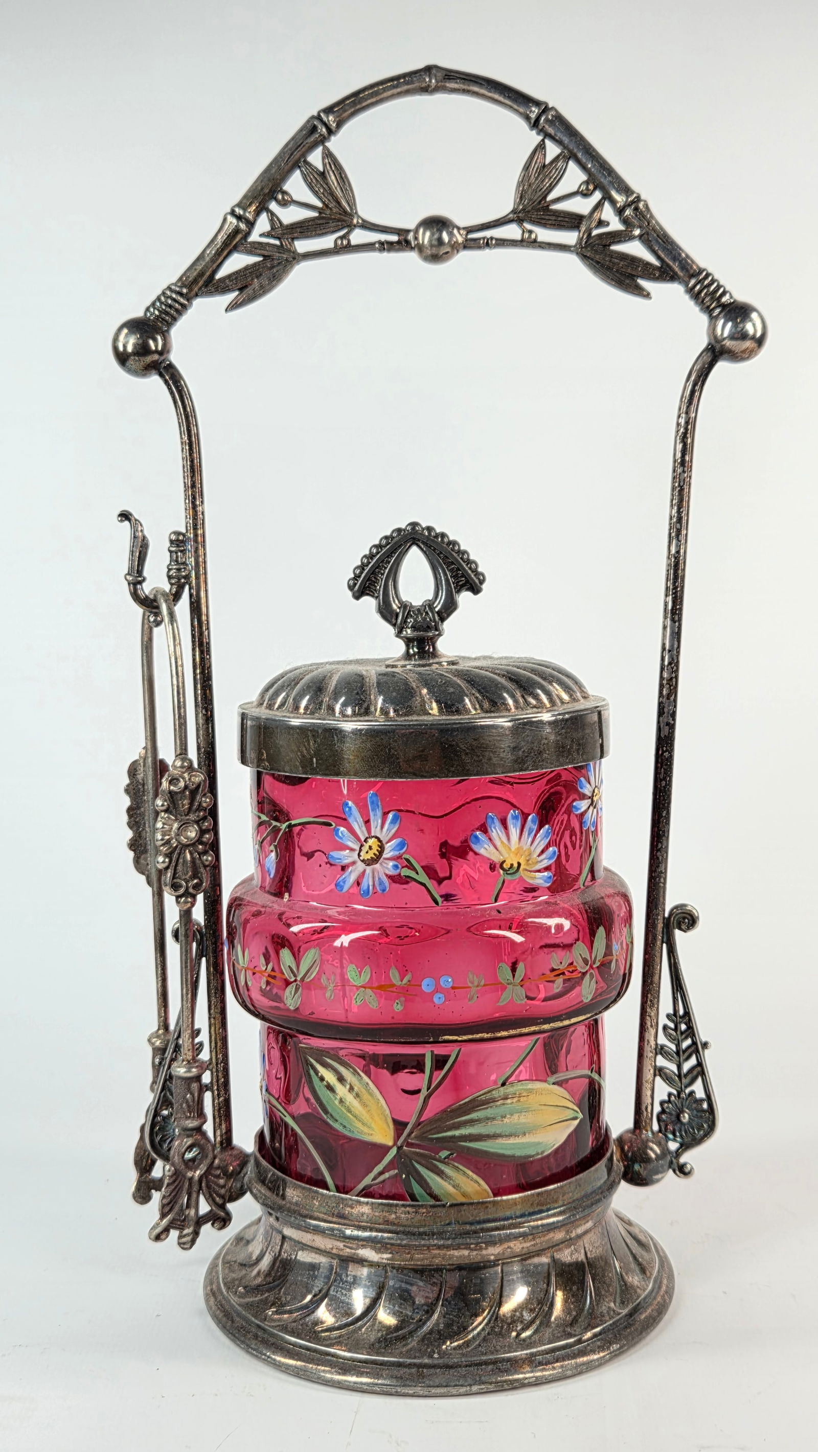 HAND PAINTED CRANBERRY VICTORIAN PICKLE CASTOR IN MERIDEN HOLDER (1 of 9)