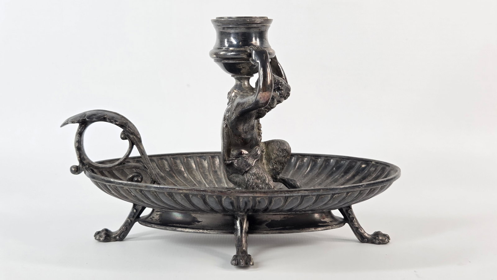 VICTORIAN QUADRUPLE PLATE FAUN SATYR CHAMBERSTICK CANDLE HOLDER (1 of 4)
