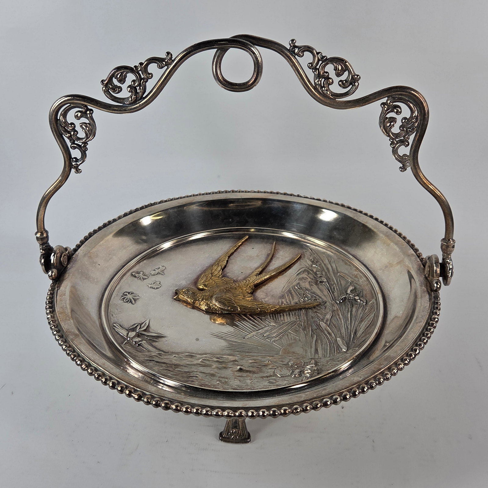 ART NOUVEAU VICTORIAN SILVER PLATE GOLD BIRD BRIDE'S BASKET: REMAINS IN GOOD CONDITION, SHOWING ONLY SOME TYPICAL WEAR.