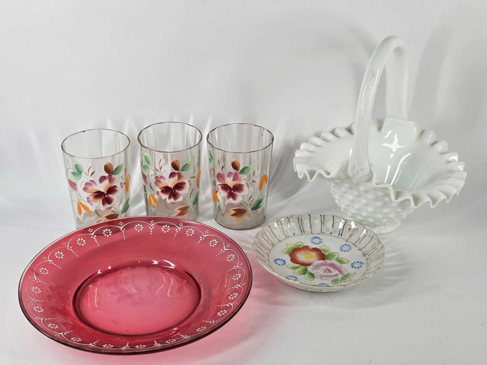 CRANBERRY GLASS PLATE, PAINTED TUMBLER, MILK GLASS HOBNAIL BASKET + (1 of 5)