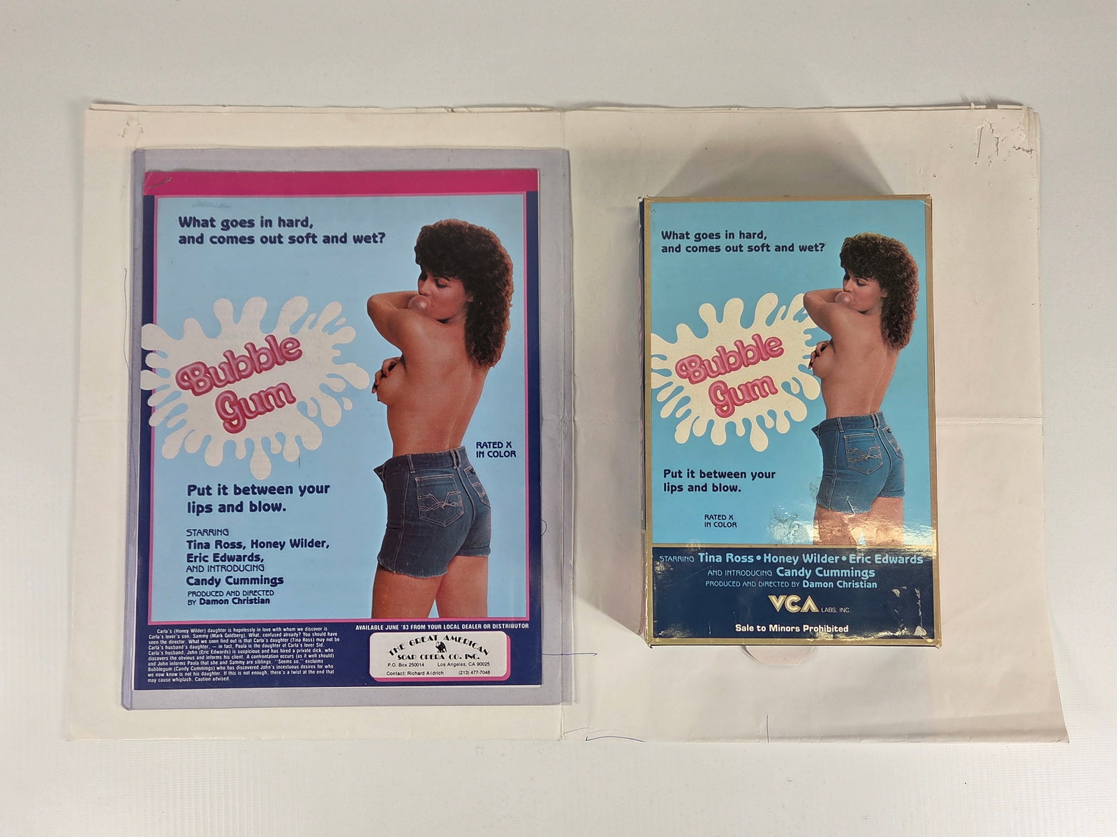 BUBBLE GUM VHS MOVIE, ADVERTISING & POSTER: POSTER & ADVERTISING BOTH REMAIN IN GOOD CONDITION, SHOWING SOME TYPICAL WEAR. VHS REMAINS IN GOOD CONDITION.