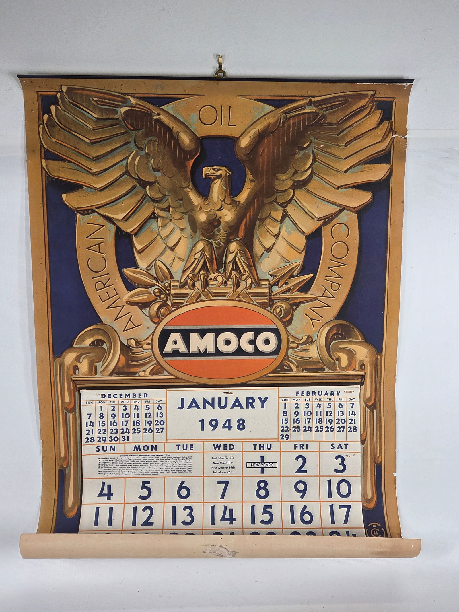 1948 AMOCO OIL COMPANY ADVERTISING CALENDAR: REMAINS IN GOOD CONDITION, SHOWING SOME WEAR ALONG THE EDGES. A FEW SMALL TEARS NEAR TOP EDGE.