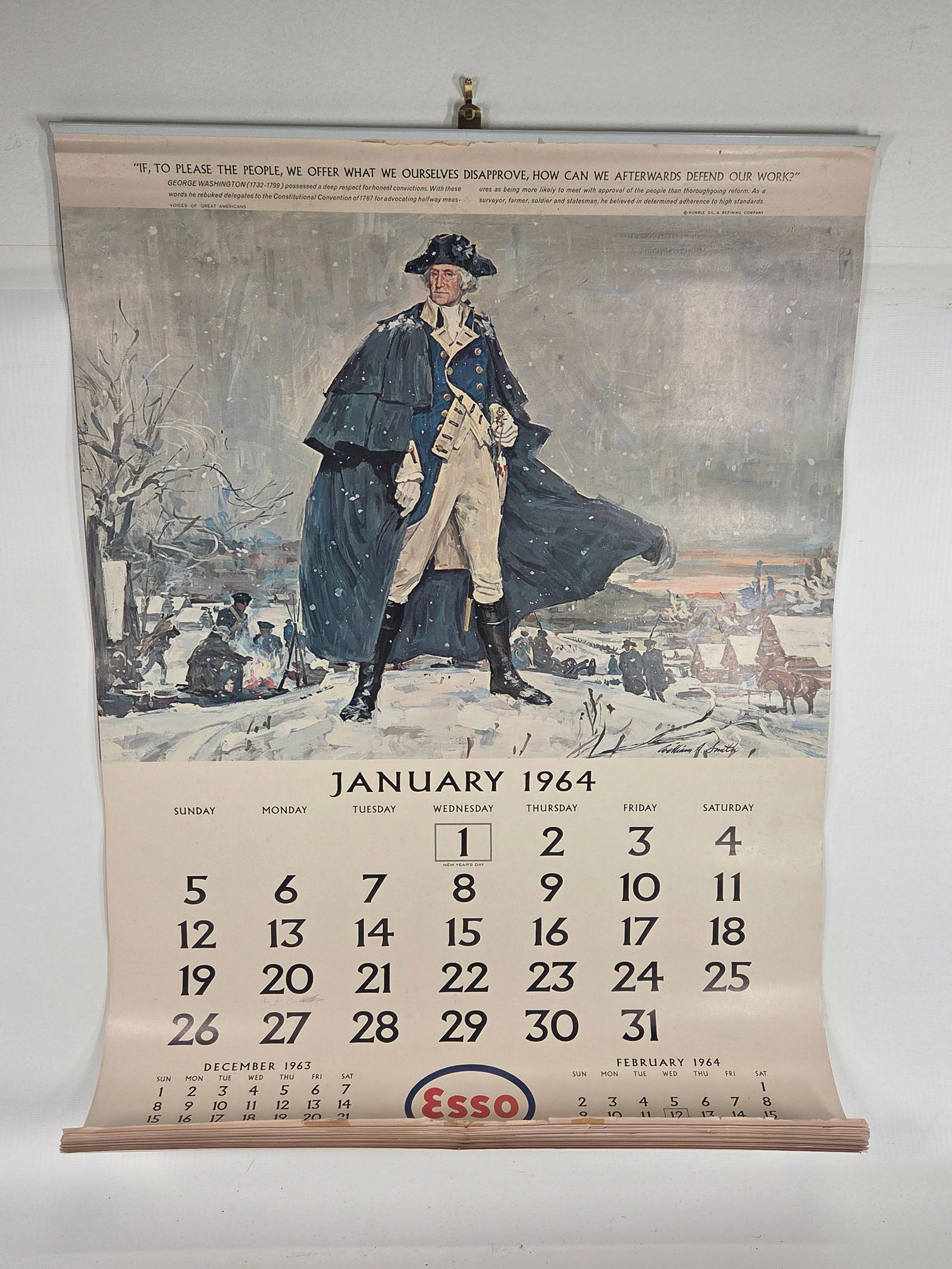 1964 ESSO GEORGE WASHINGTON ADVERTISING CALENDAR: REMAINS IN GOOD CONDITION, SHOWING SOME TYPICAL WEAR.