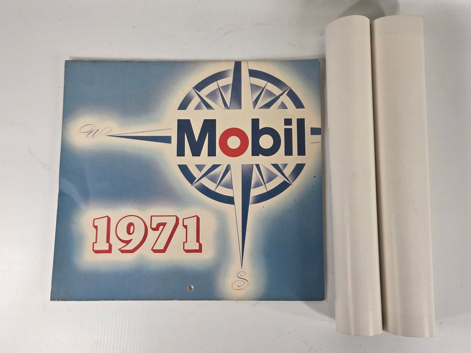 1971 MOBIL OIL CALENDAR & AMOCO MOTORCYCLE POSTER: BOTH REMAIN IN GOOD CONDITION, SHOWING SOME LIGHT TYPICAL WEAR.