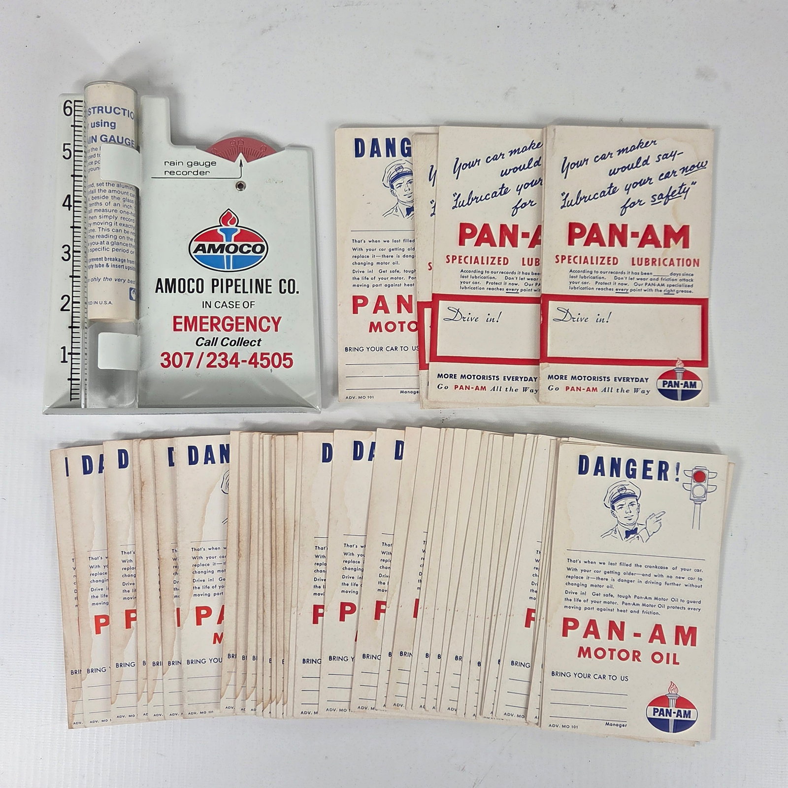 PAN AM MOTOR OIL POSTCARDS & AMOCO RAIN GAUGE: ALL REMAIN IN VERY GOOD UNUSED CONDITION.