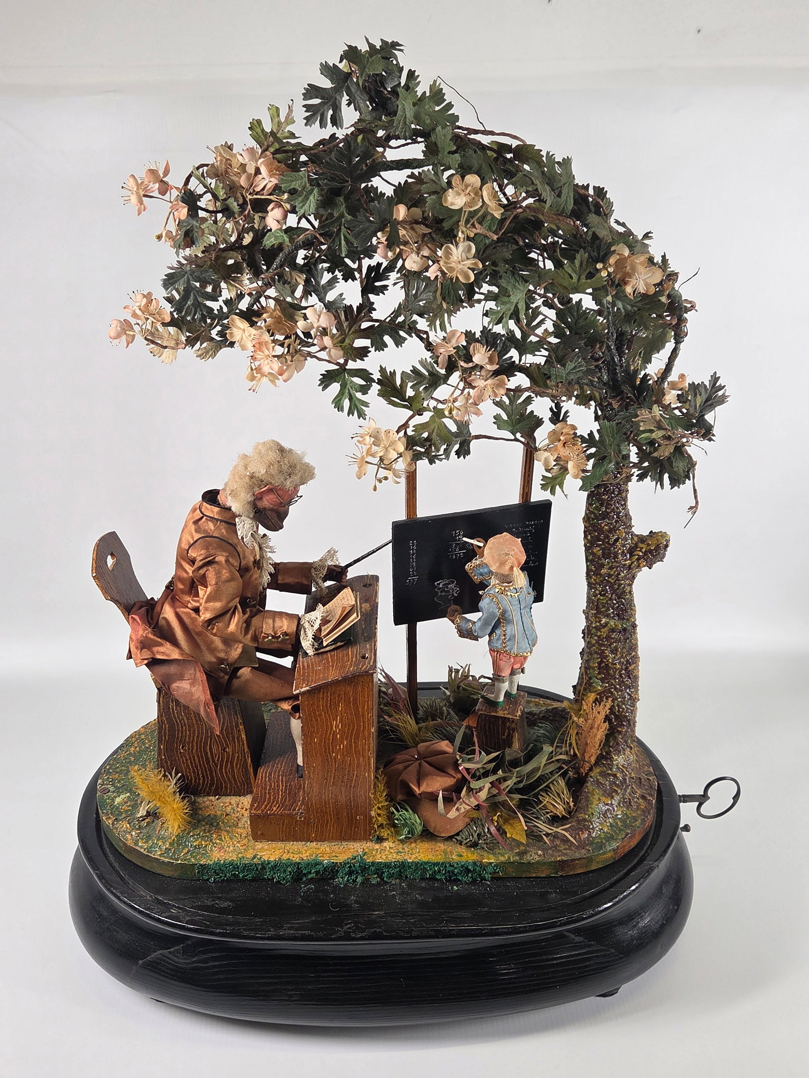 ANTIQUE GERMAN WIND UP MONKEY AUTOMATON: REMAINS IN GOOD CONDITION, SHOWING SOME LIGHT WEAR CONSISTENT WITH AGE AND USE. TEACHER MONKEY SHOWS SOME WEAR TO FACE. WIND UP WORKS PLAYING THE MUSIC ON NOTE UNDERNEATH.