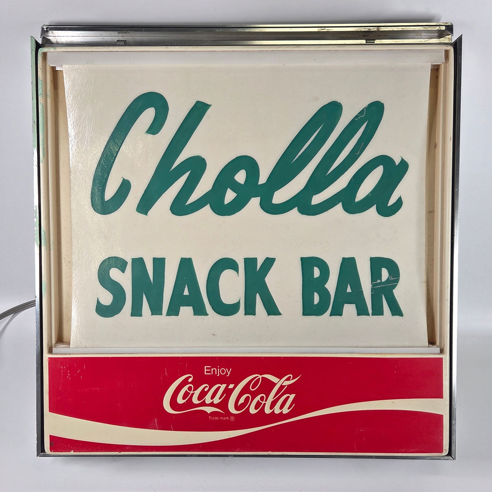 VINTAGE COCA COLA CHOLLA SNACK BAR LIGHTED SIGN: REMAINS IN GOOD CONDITION, SHOWING SOME TYPICAL WEAR. SMALL CRACK ALONG TOP EDGE. LIGHT WORKS.