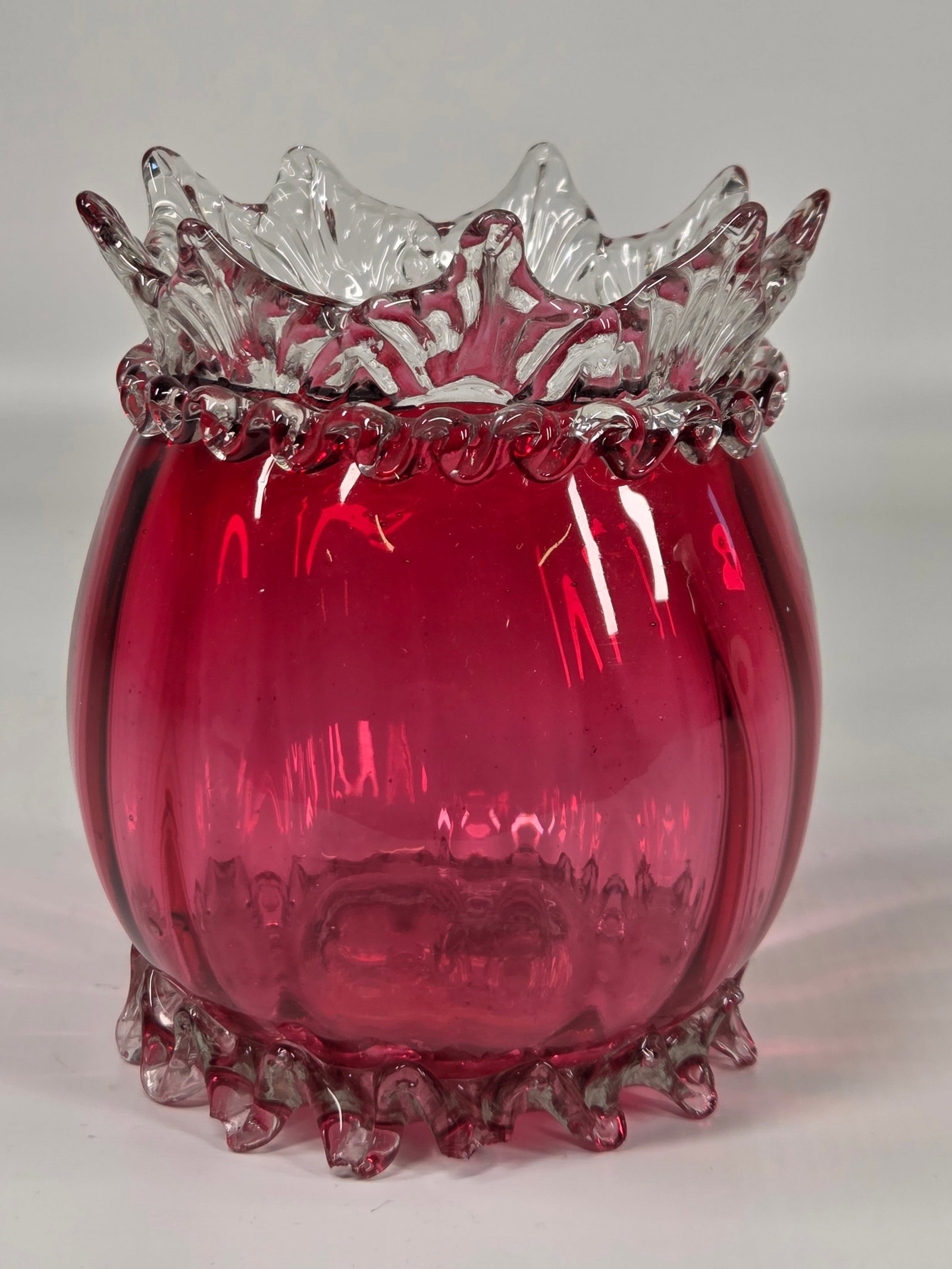 ENGLISH VICTORIAN CRANBERRY GLASS VASE W/ APPLIED RUFFLE (1 of 4)
