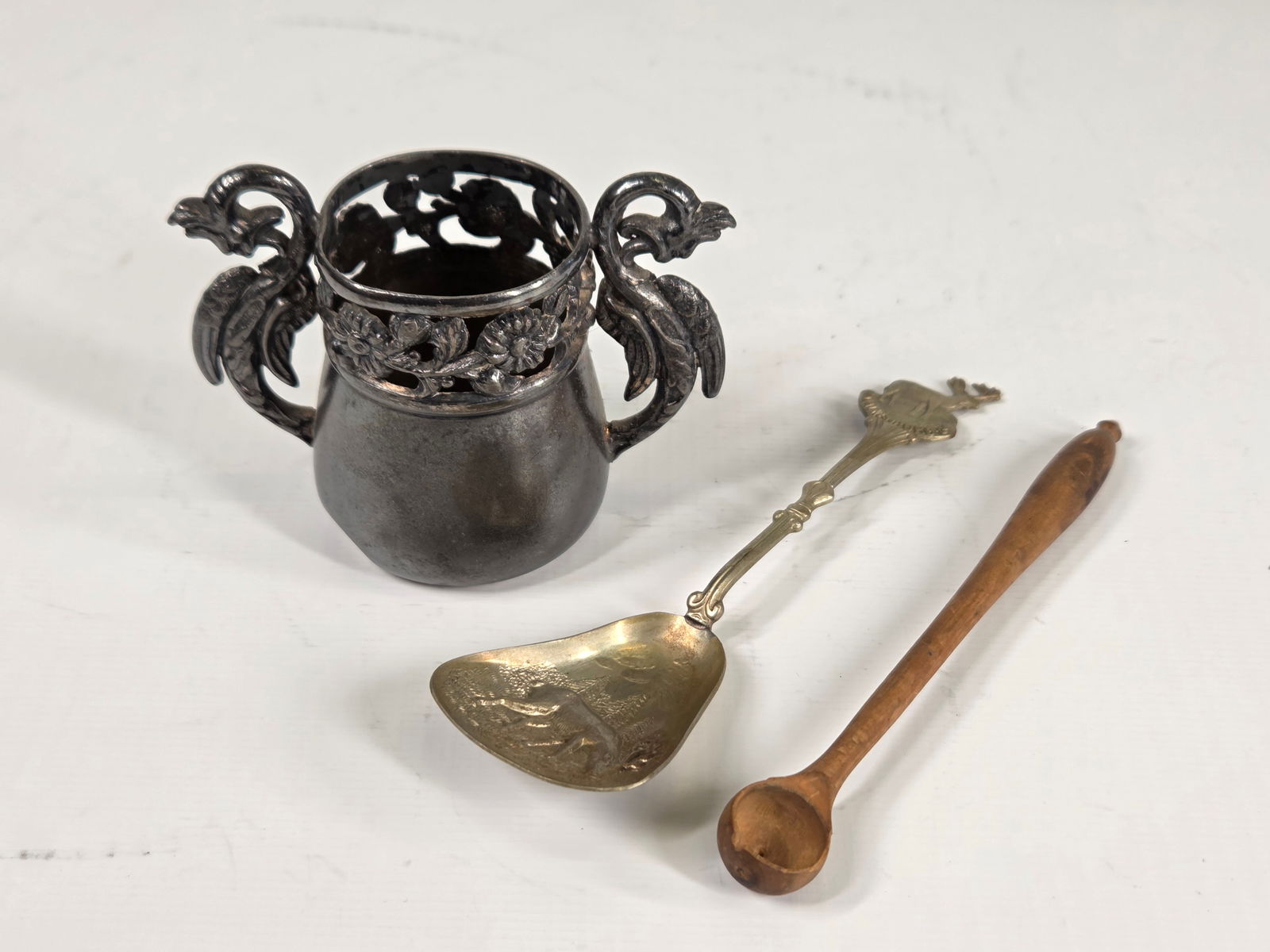 ORNATE SILVER PLATE SUGAR, WOOD SPOON +: ALL REMAIN IN FAIR TO GOOD CONDITION, SHOWING TYPICAL USAGE WEAR.