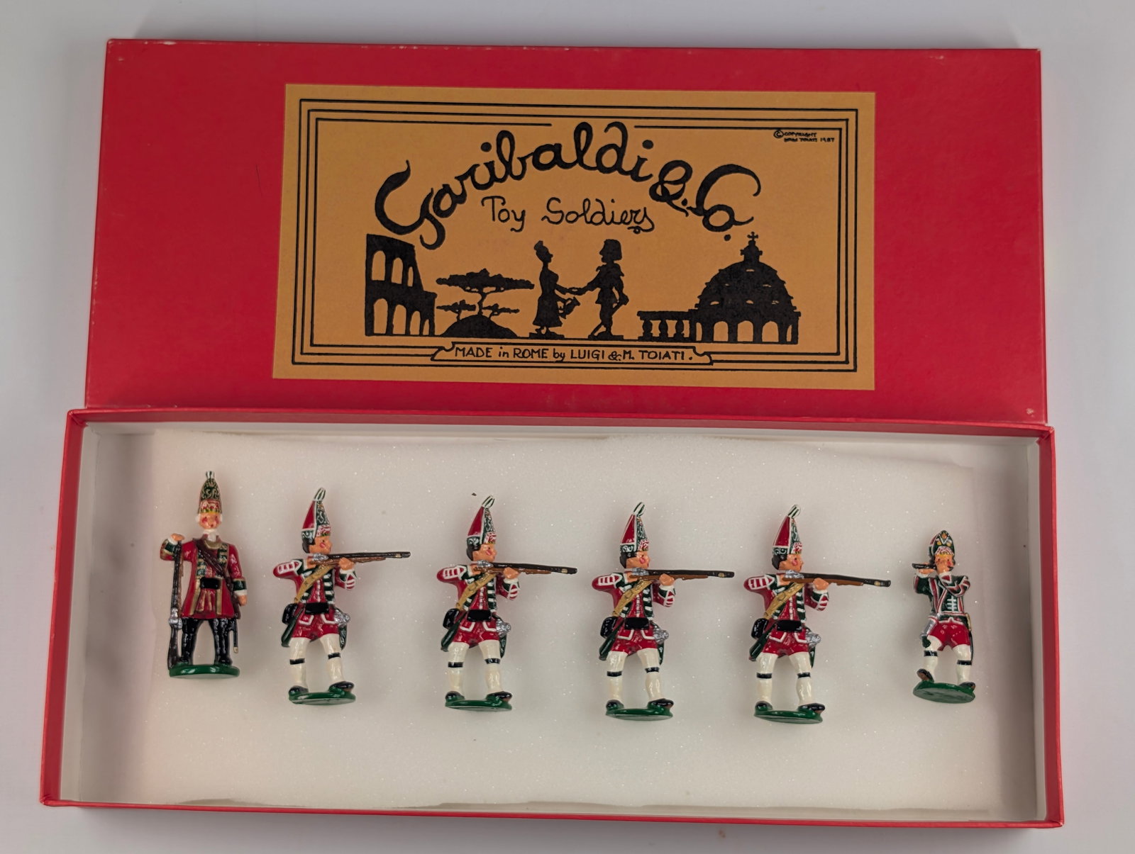 6) GARIBALDI & CO 3RD GRENADIERS FIRING FIGURES W/ OFFICER FIFER ROME TOIATI NIB: REMAINS NEW IN BOX.
