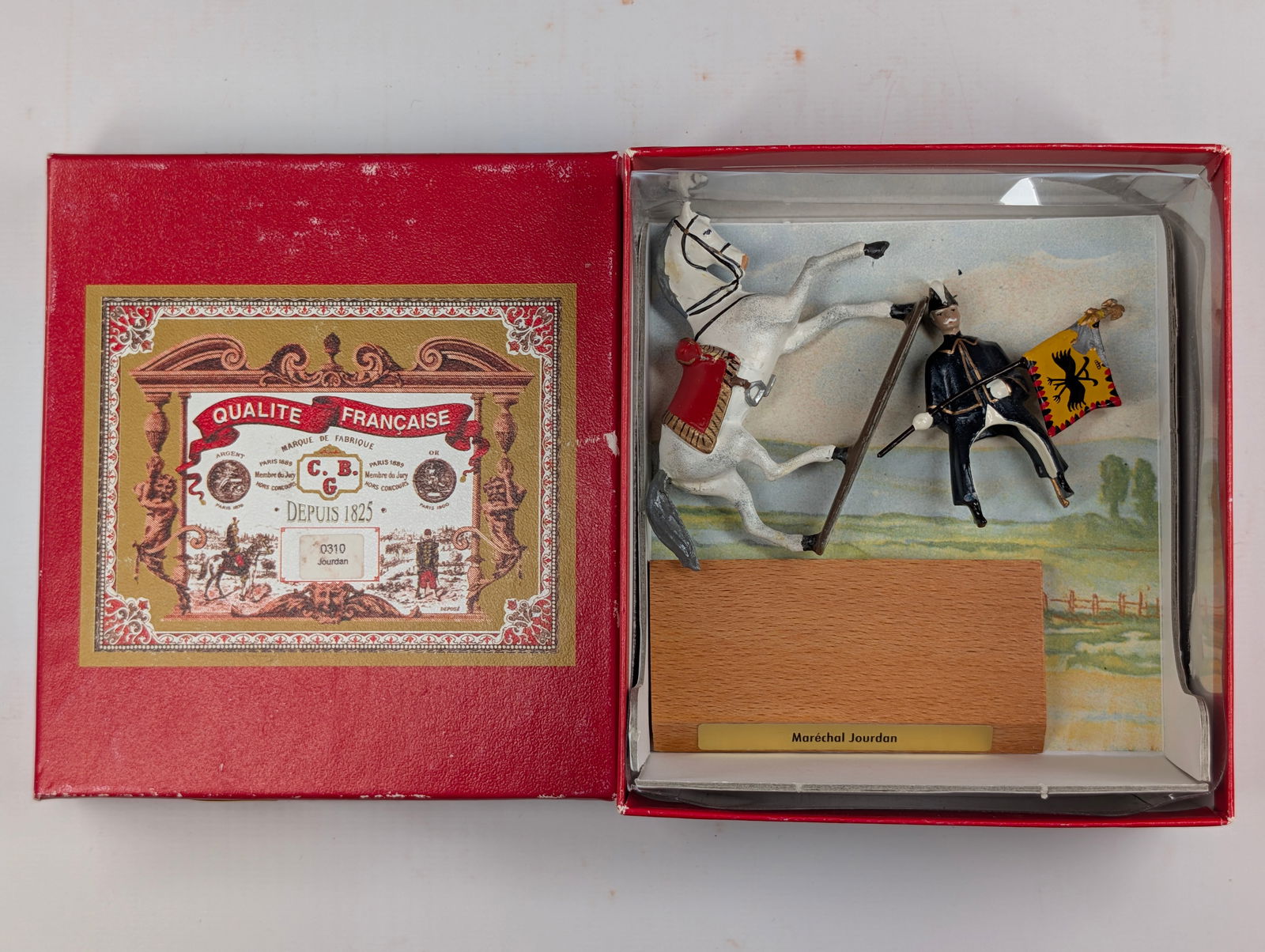 C.B.G. MIGNOT MARECHAL JOURDAN FIGURE W/ FLAG, HORSE, WOOD STAND FRANCE (1 of 4)