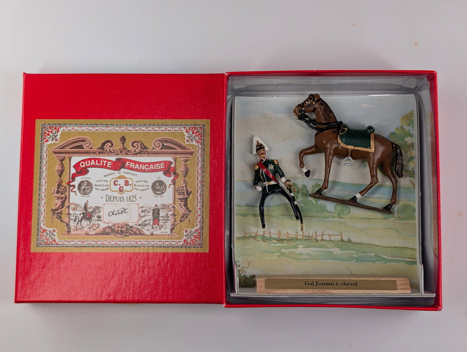 C.B.G. MIGNOT GAL JOMINI A CHEVAL IN BOX W/ HORSE, WOOD STAND FRANCE (1 of 4)