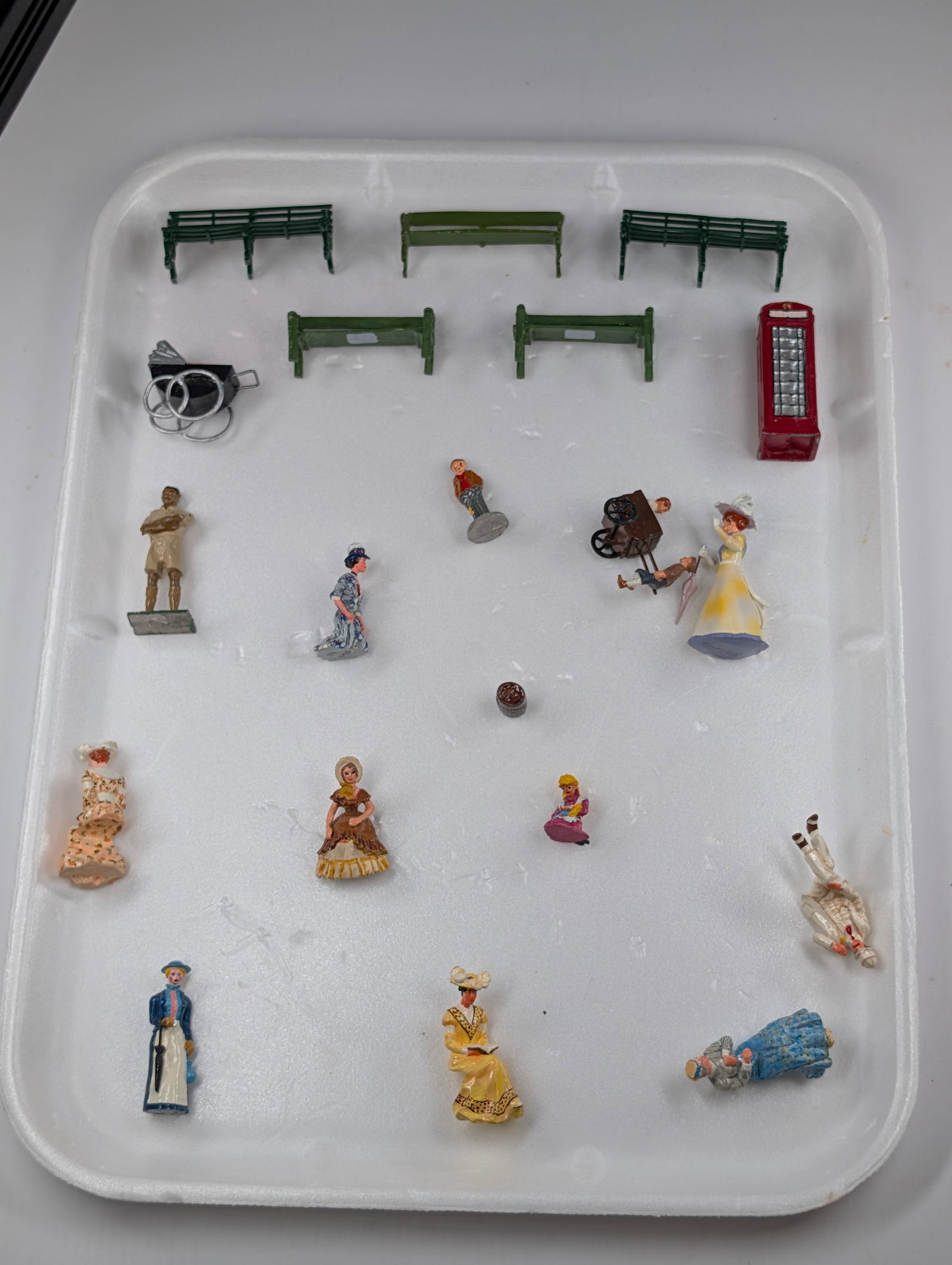 12+) ASSORTED LEAD CIVILIAN FIGURES + BENCHES, PHONE BOOTH + (1 of 9)