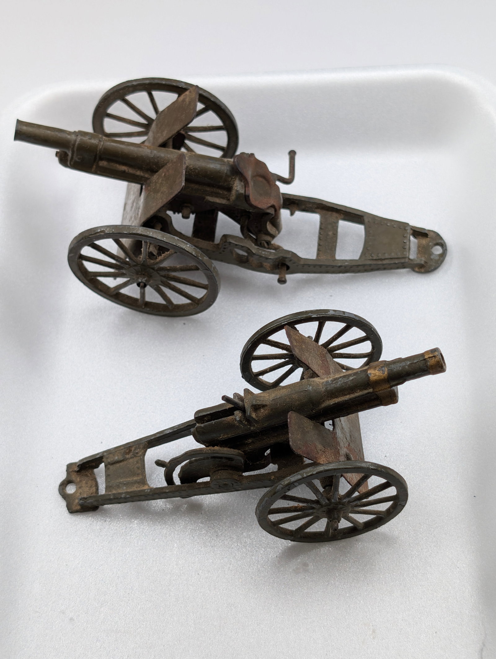 2) VINTAGE BRITAINS LTD TOY CANNONS: BOTH REMAIN IN GOOD CONDITION, SHOWING SOME TYPICAL WEAR.