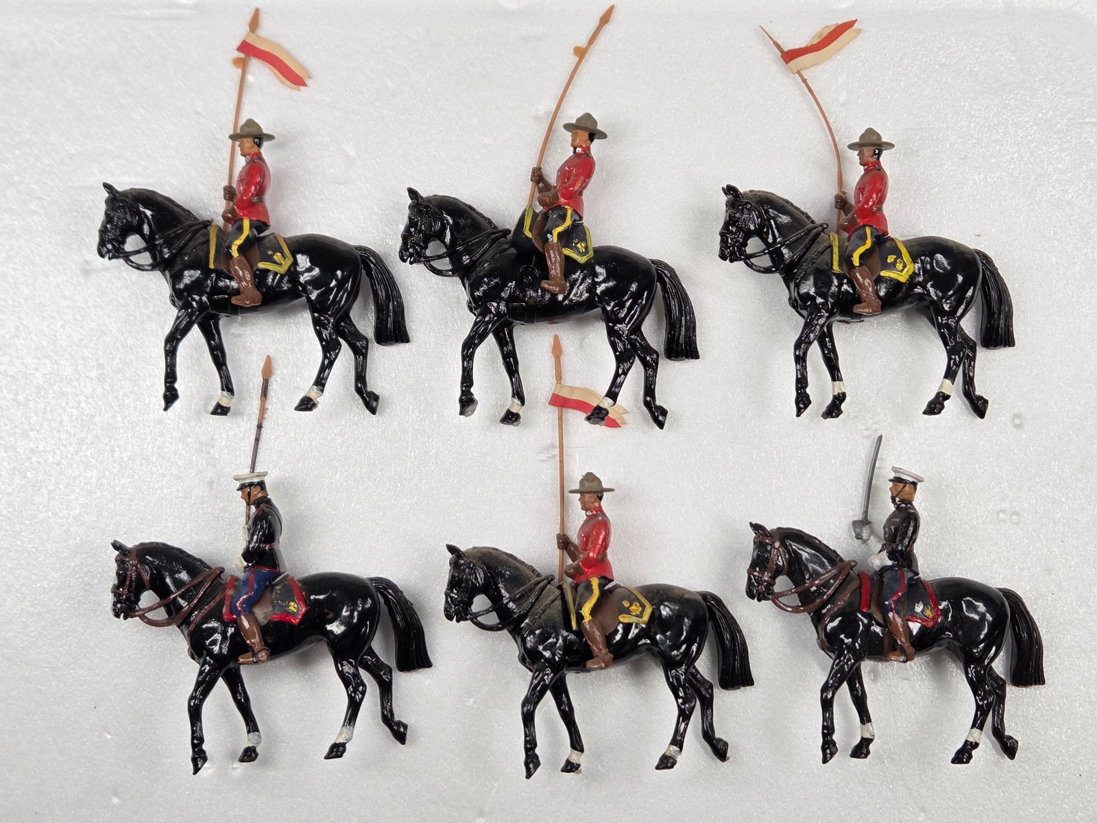 6) VARIOUS BRITAINS MOUNTED SOLDIERS: ALL REMAIN IN GOOD CONDITION, SHOWING SOME TYPICAL WEAR.