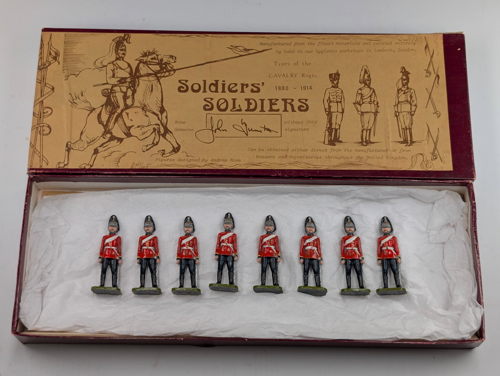 SET OF 8 DRAGOONS SOLDIERS AT EASE W/ BOX: ALL REMAIN IN GOOD CONDITION, SHOWING SOME PAINT WEAR. ORIGINAL BOX REMAINS NICE, SHOWING SOME STORAGE WEAR.