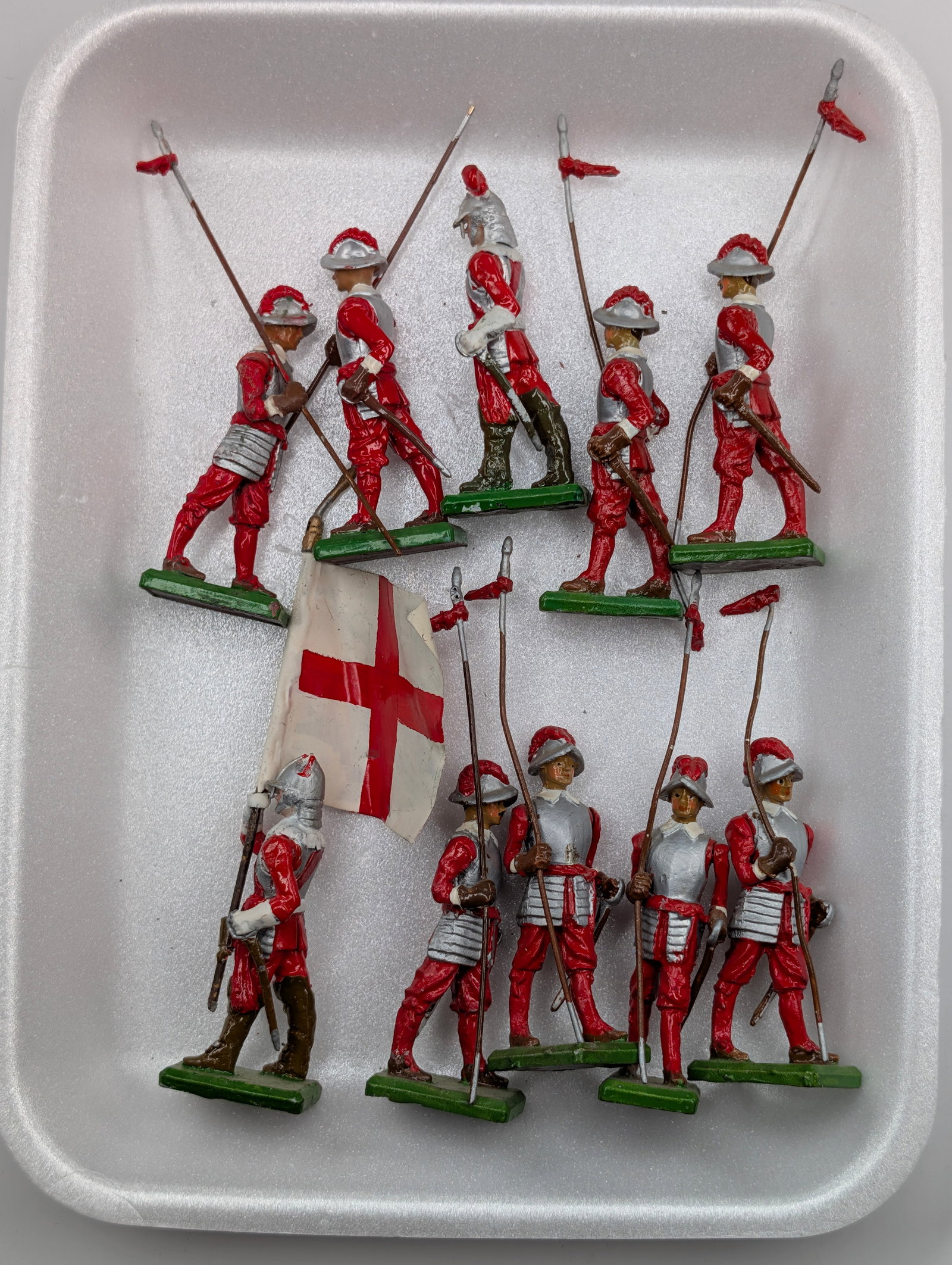 SET OF 10 HAND PAINTED LANCERS W/ COLOUR: ALL REMAIN IN GOOD CONDITION, SHOWING SOME TYPICAL WEAR. SOME BENDS IN STAFFS.